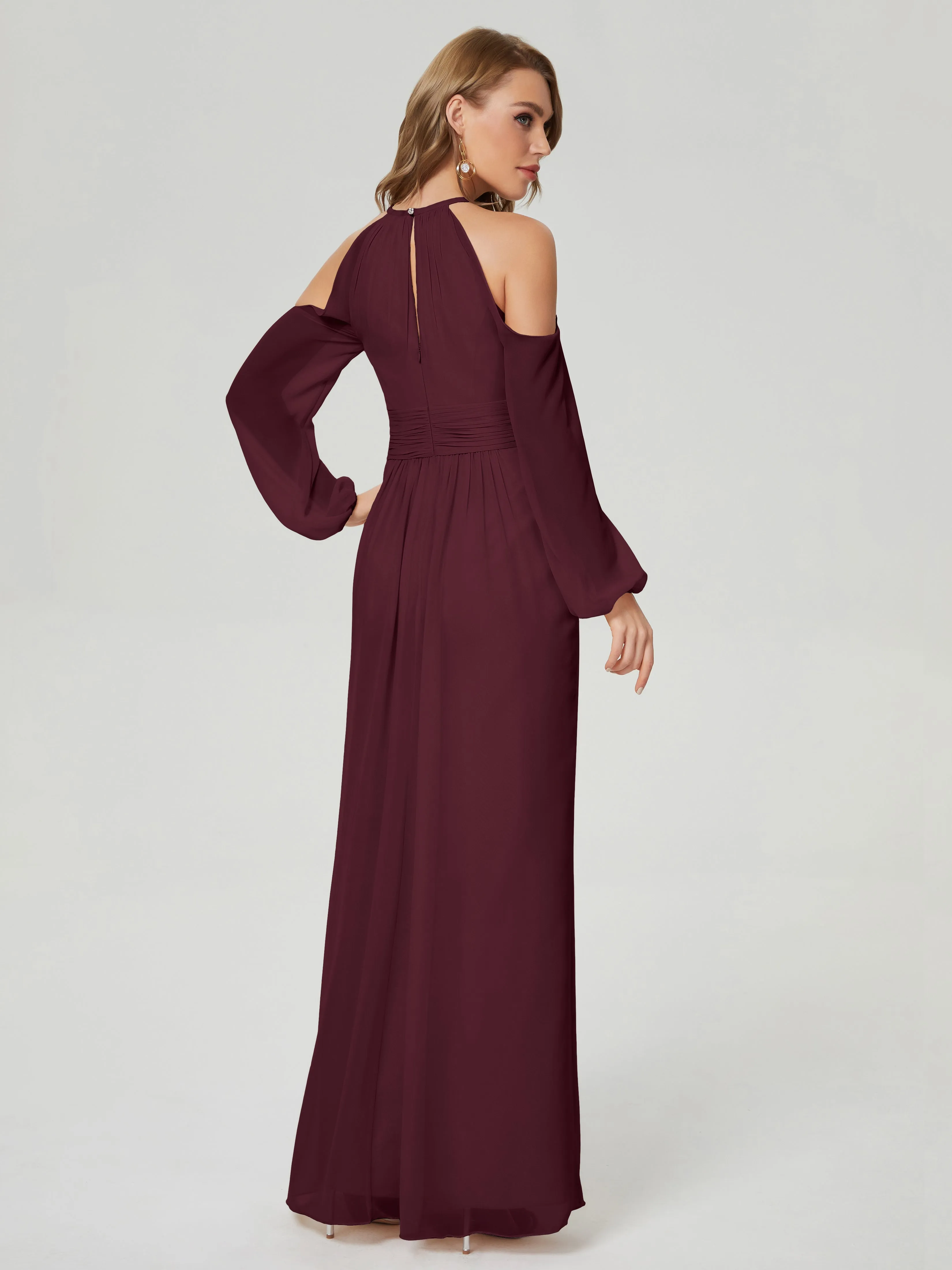 Phoebe Halter Long Sleeves Chiffon Bridesmaid Dresses