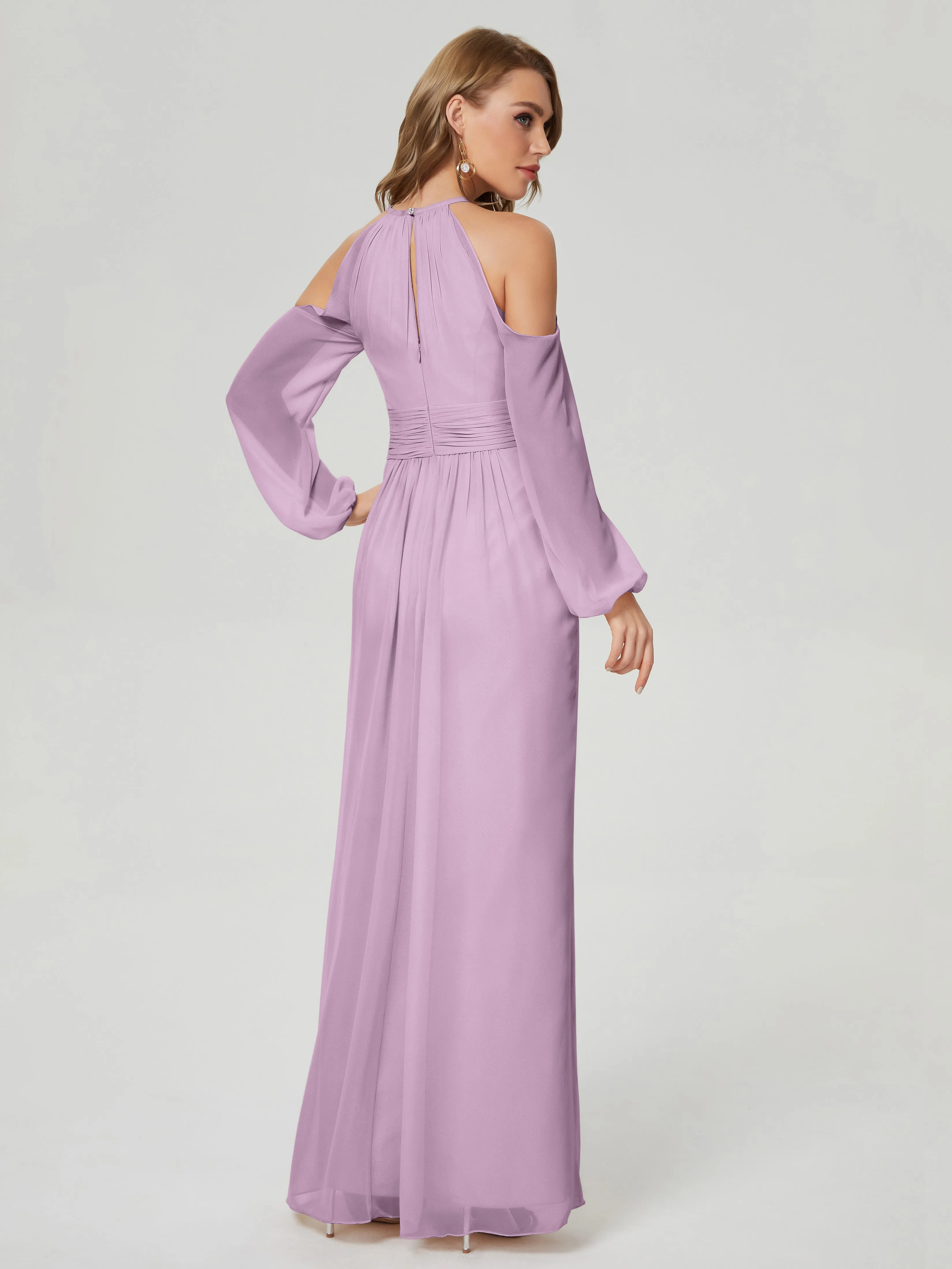 Phoebe Halter Long Sleeves Chiffon Bridesmaid Dresses