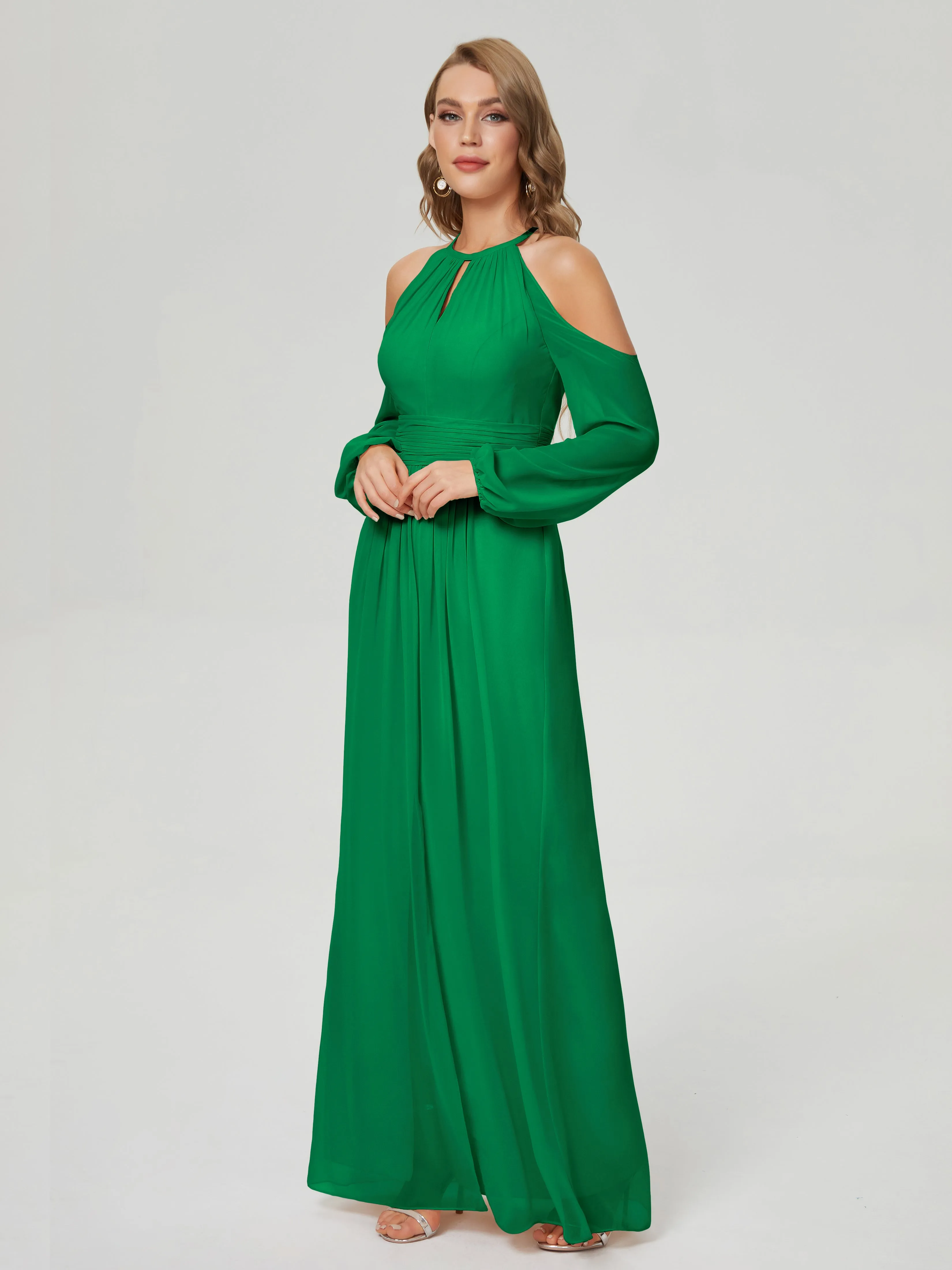 Phoebe Halter Long Sleeves Chiffon Bridesmaid Dresses