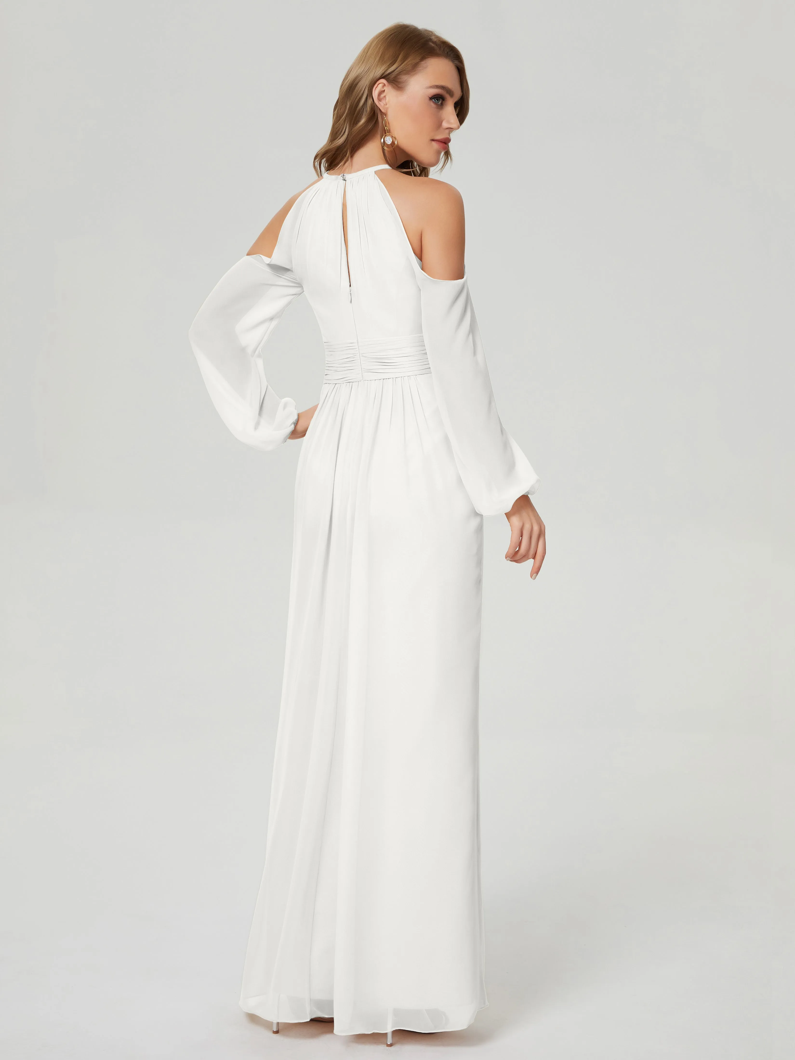 Phoebe Halter Long Sleeves Chiffon Bridesmaid Dresses