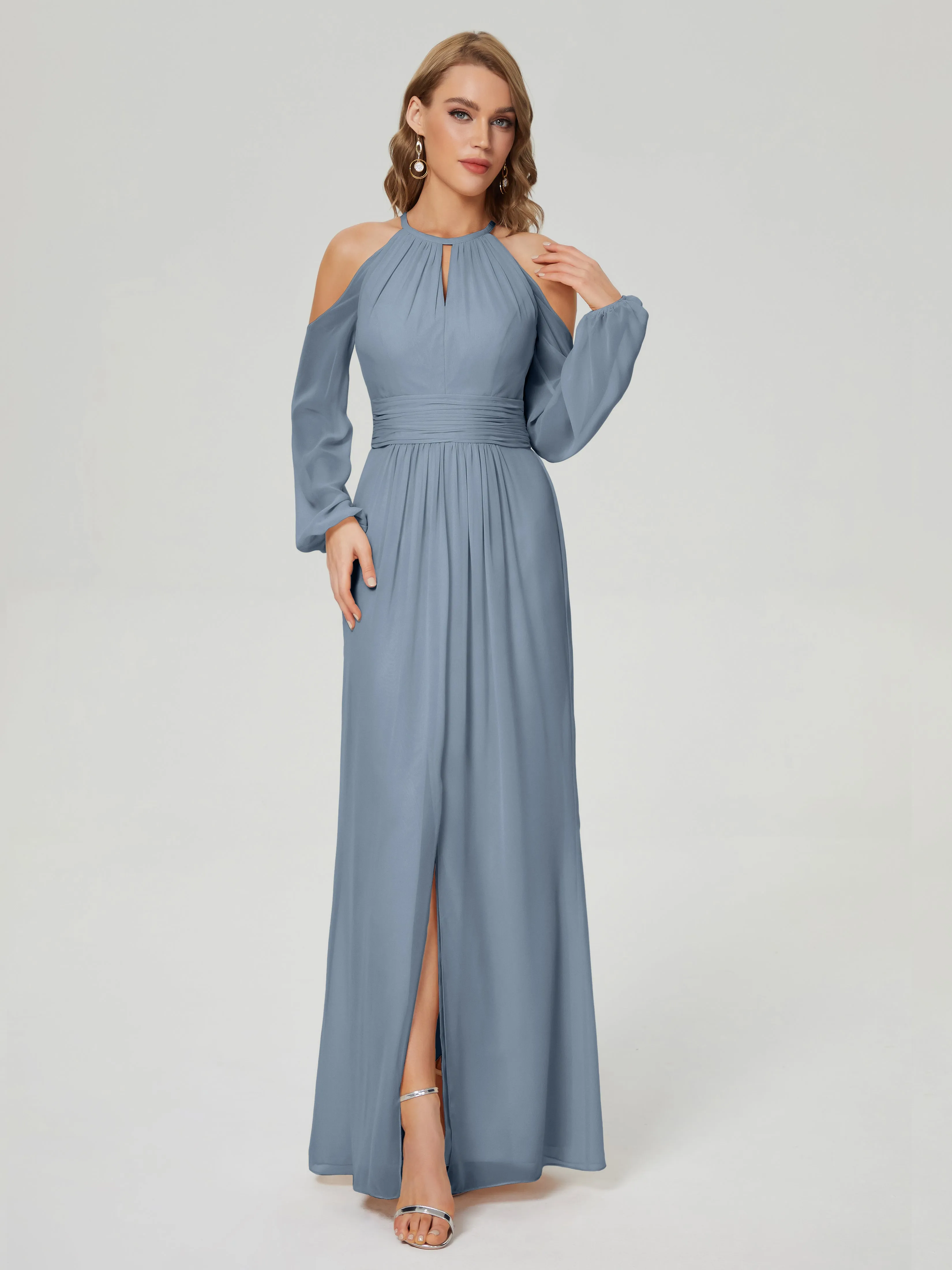Phoebe Halter Long Sleeves Chiffon Bridesmaid Dresses