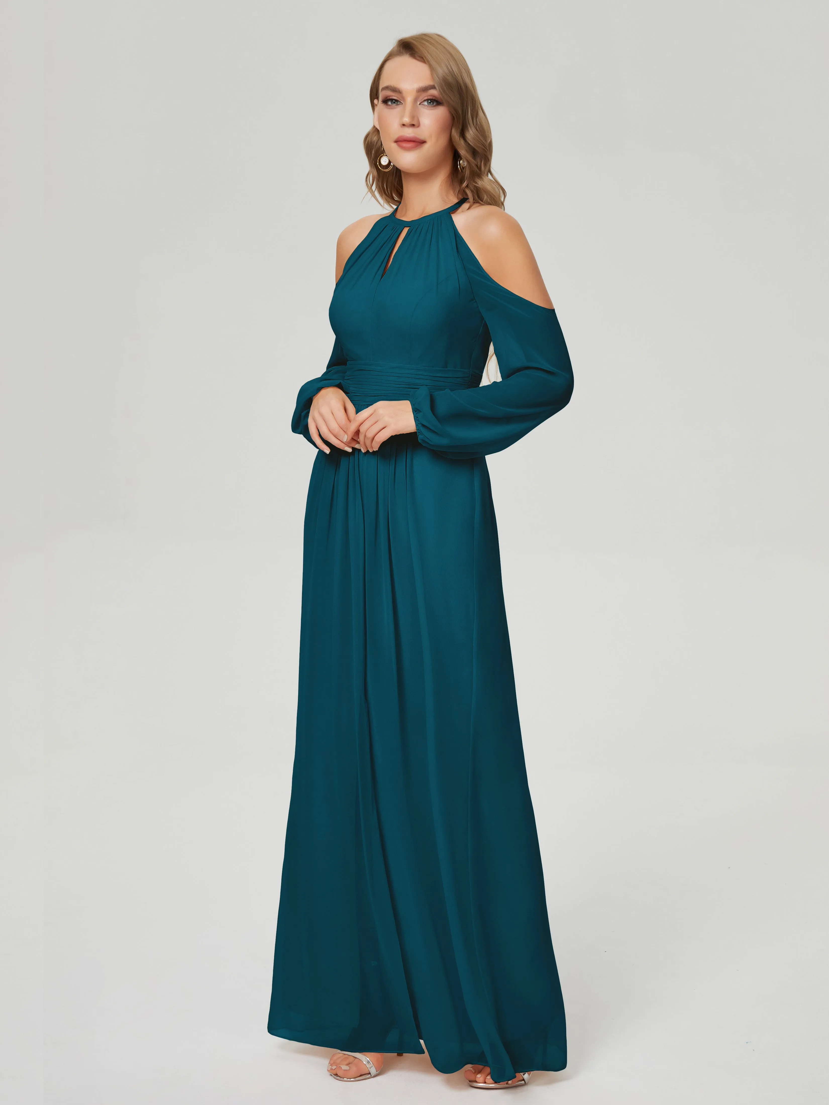 Phoebe Halter Long Sleeves Chiffon Bridesmaid Dresses