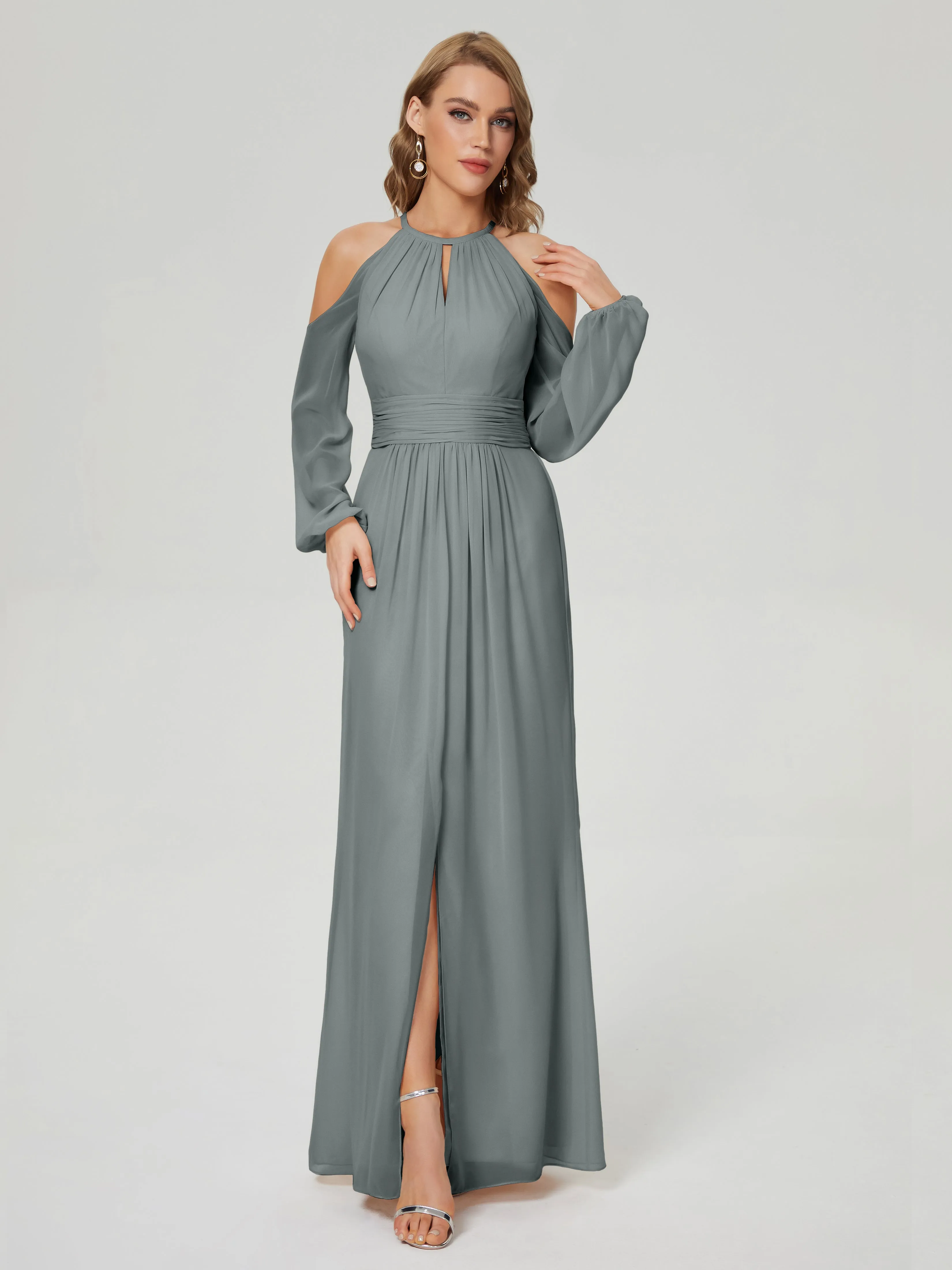 Phoebe Halter Long Sleeves Chiffon Bridesmaid Dresses