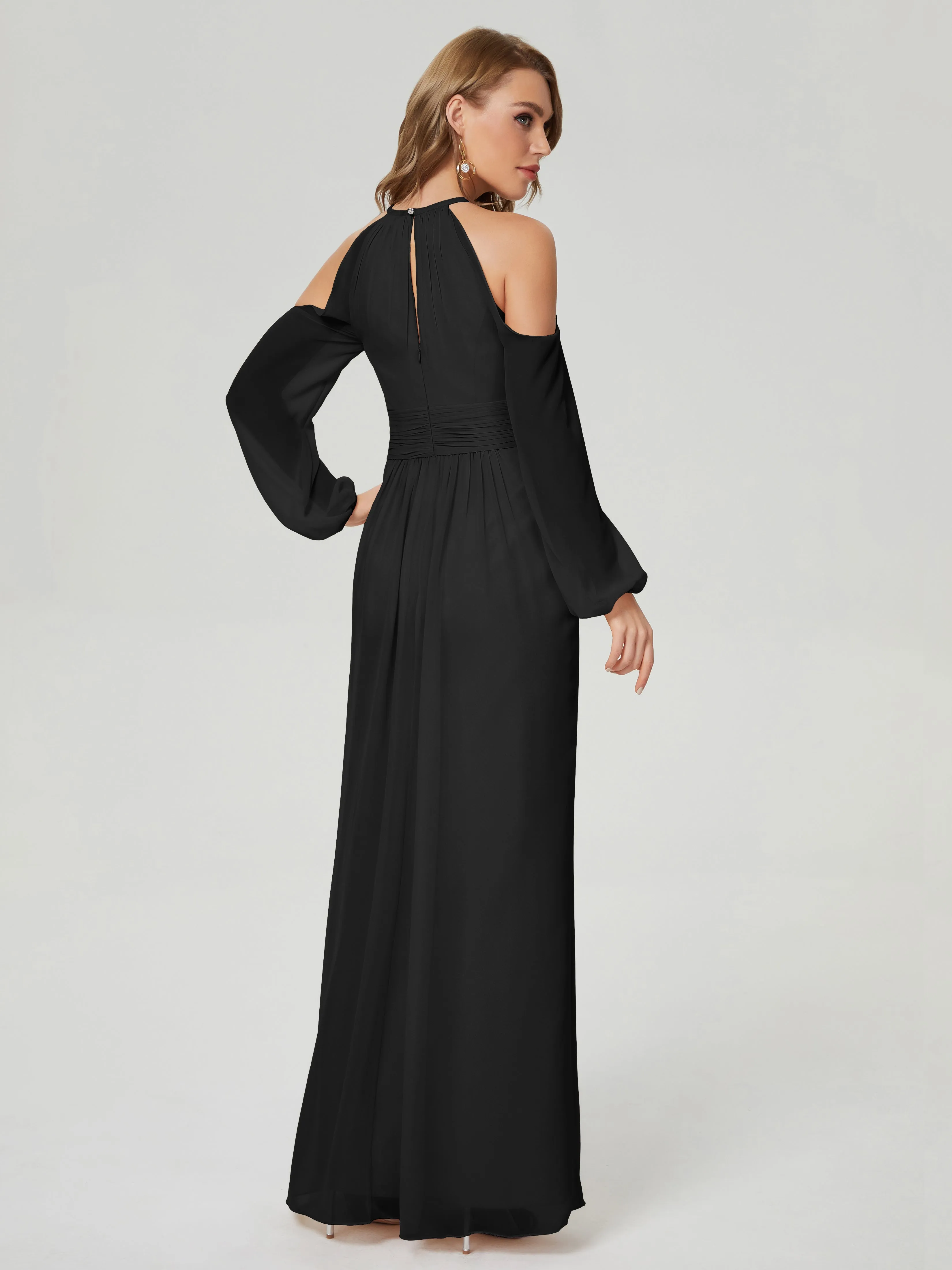 Phoebe Halter Long Sleeves Chiffon Bridesmaid Dresses