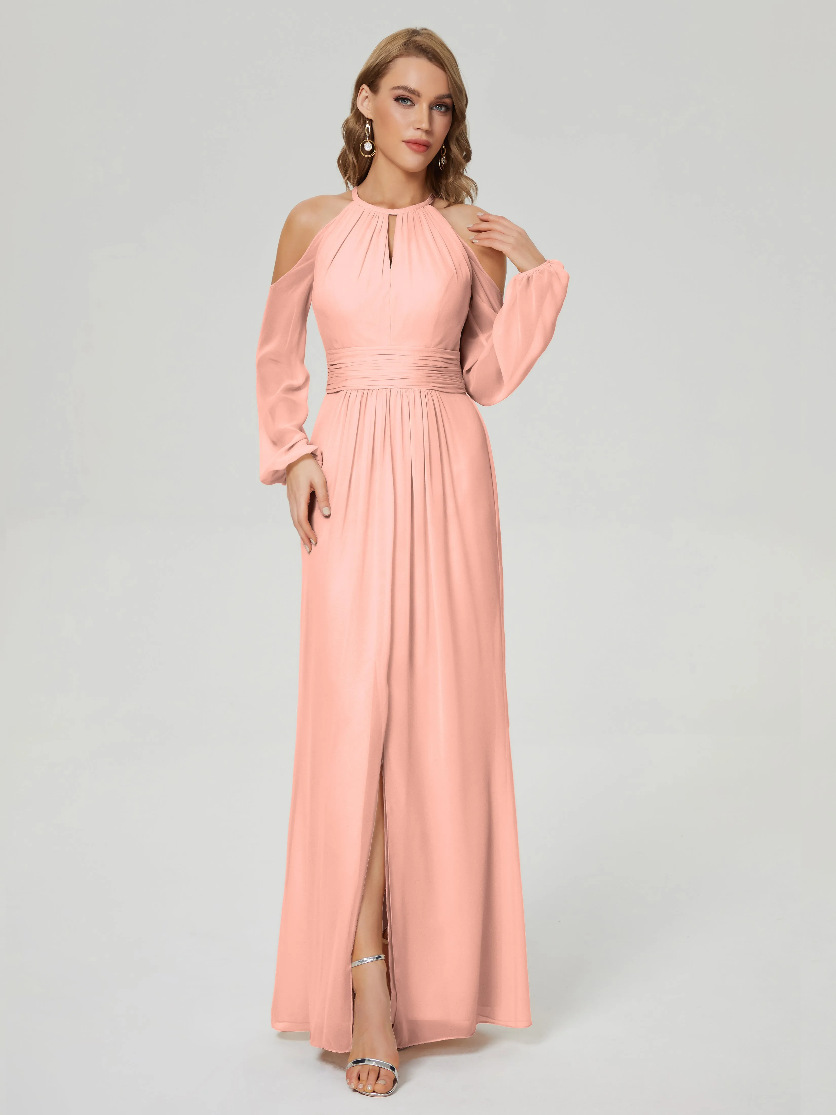 Phoebe Halter Long Sleeves Chiffon Bridesmaid Dresses