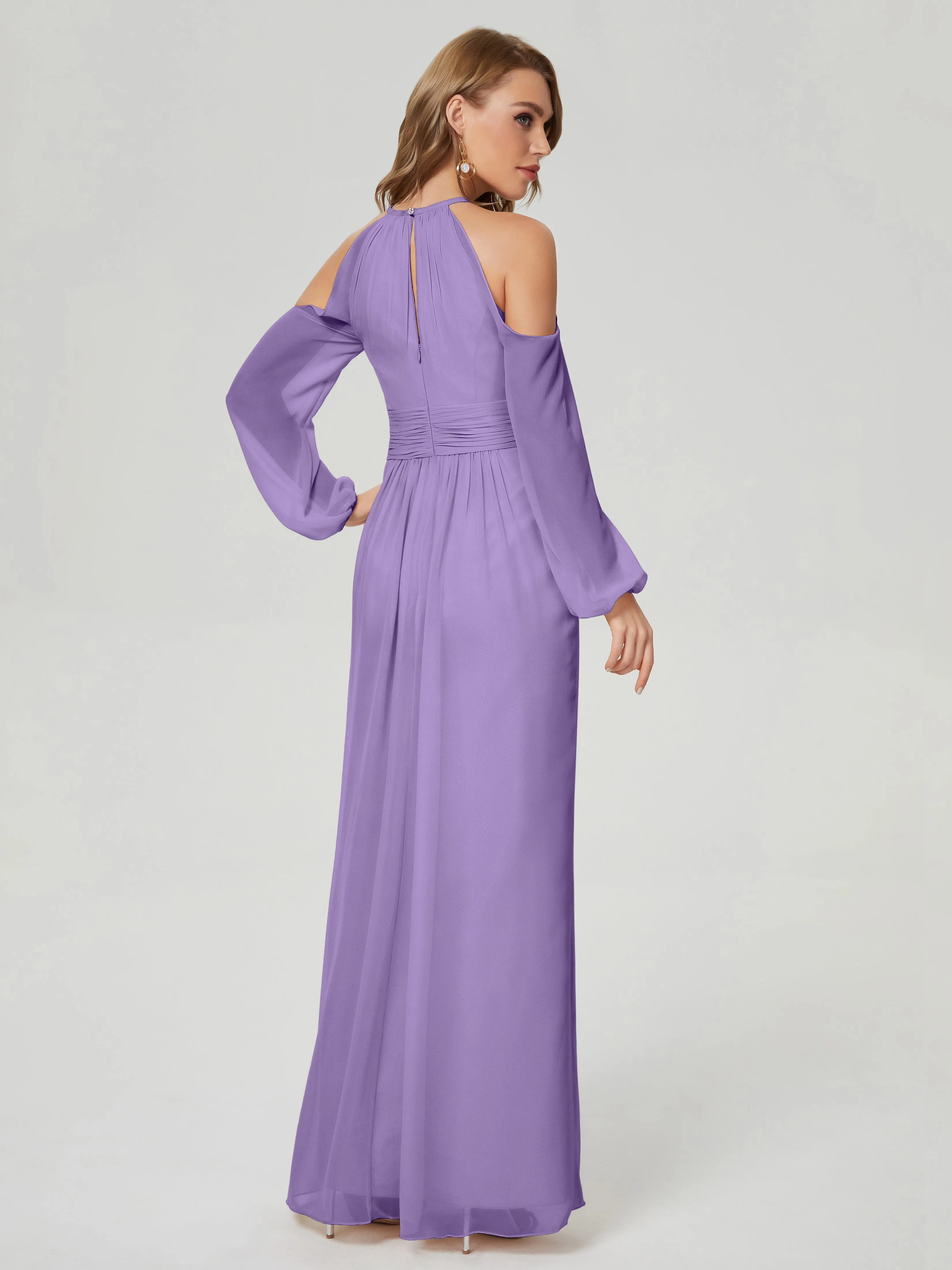 Phoebe Halter Long Sleeves Chiffon Bridesmaid Dresses