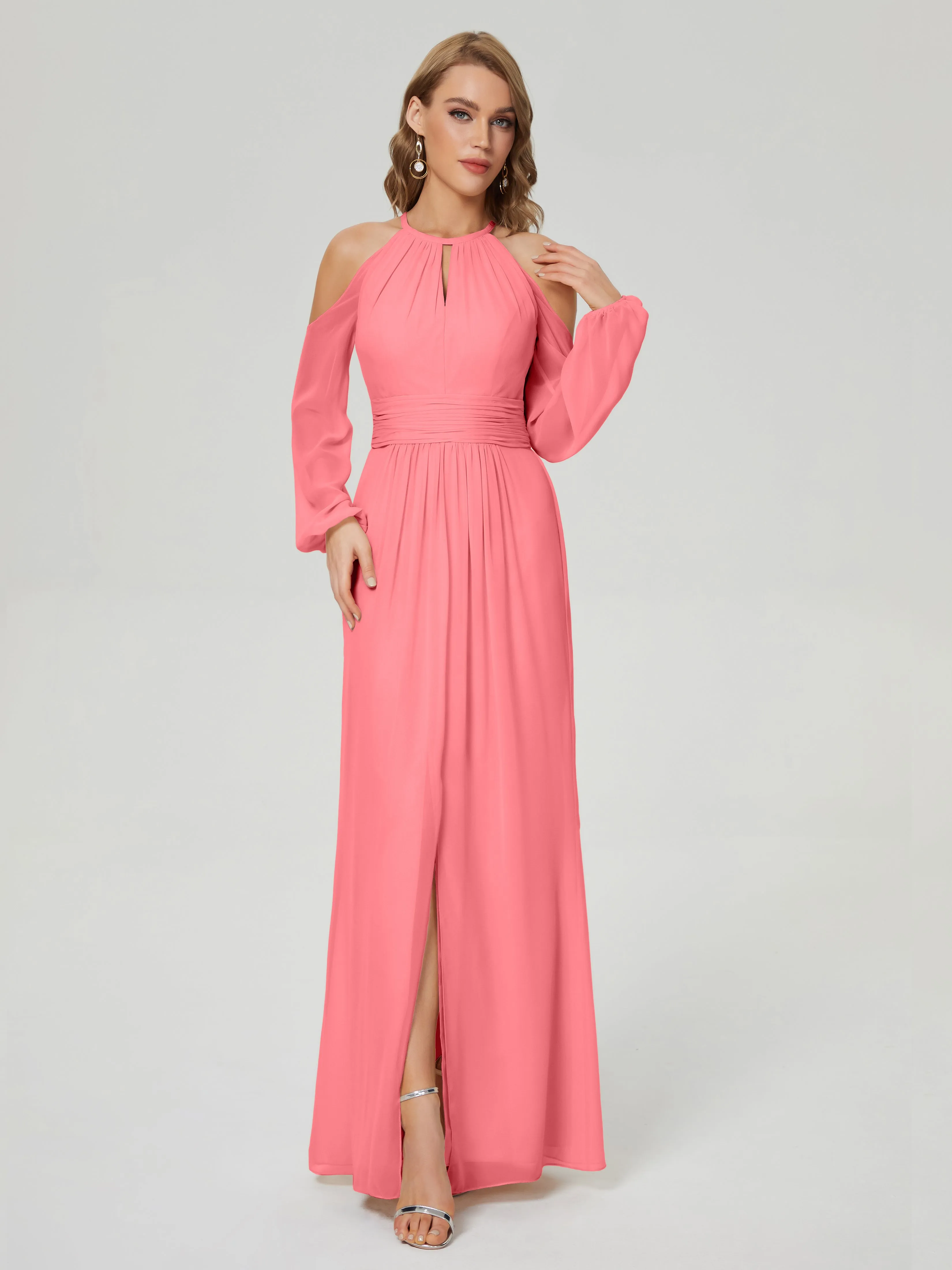 Phoebe Halter Long Sleeves Chiffon Bridesmaid Dresses