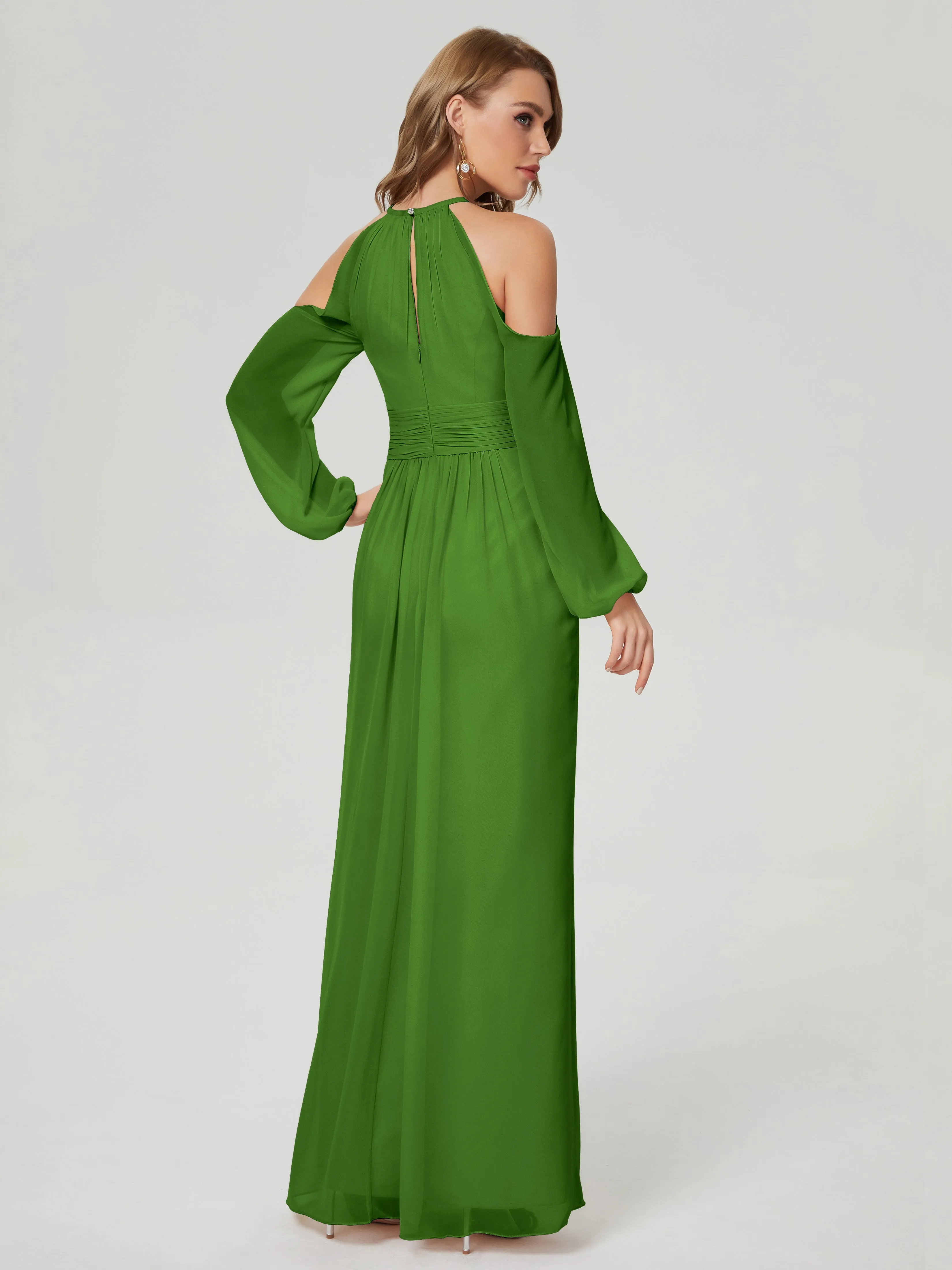 Phoebe Halter Long Sleeves Chiffon Bridesmaid Dresses