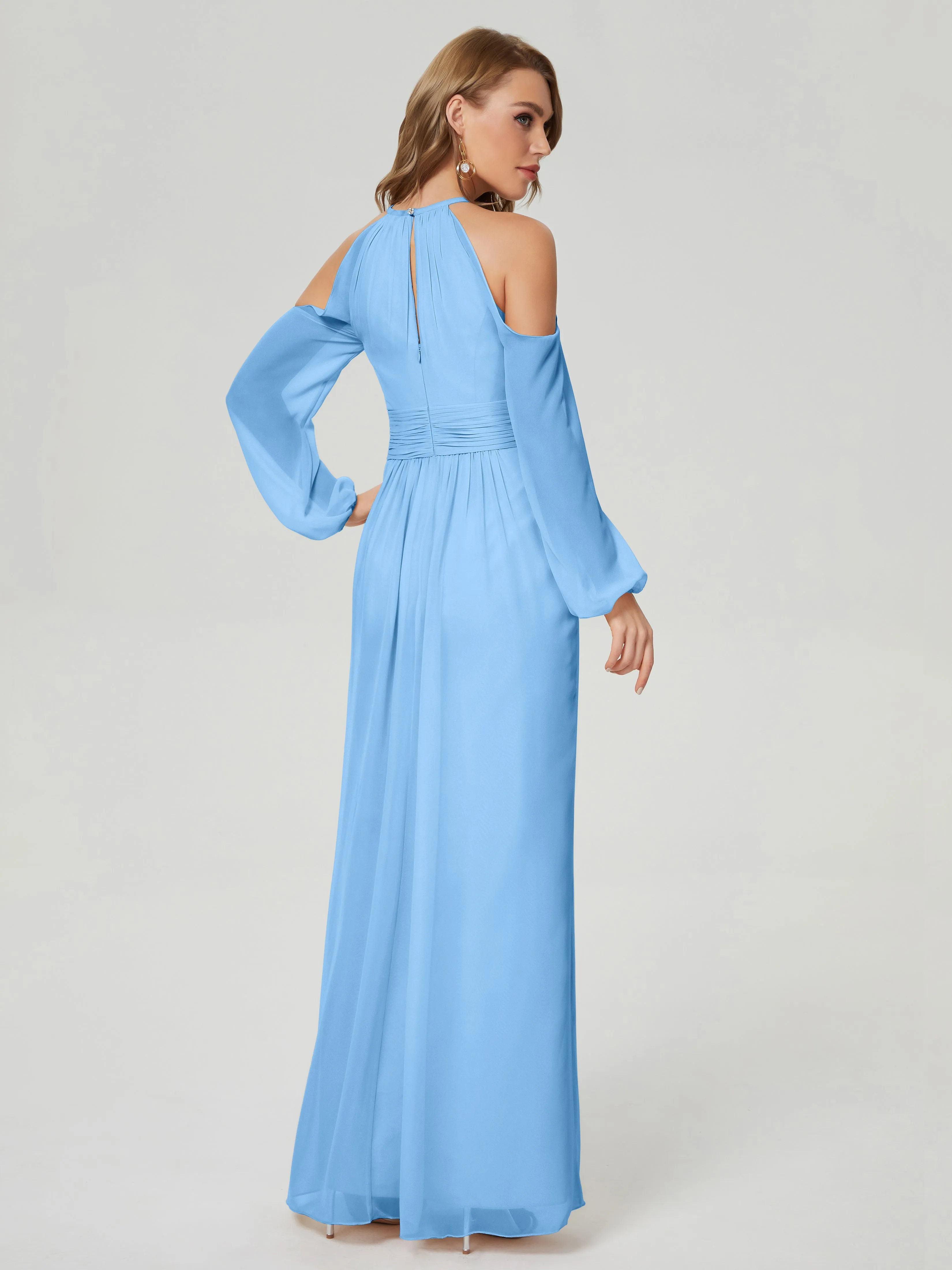 Phoebe Halter Long Sleeves Chiffon Bridesmaid Dresses