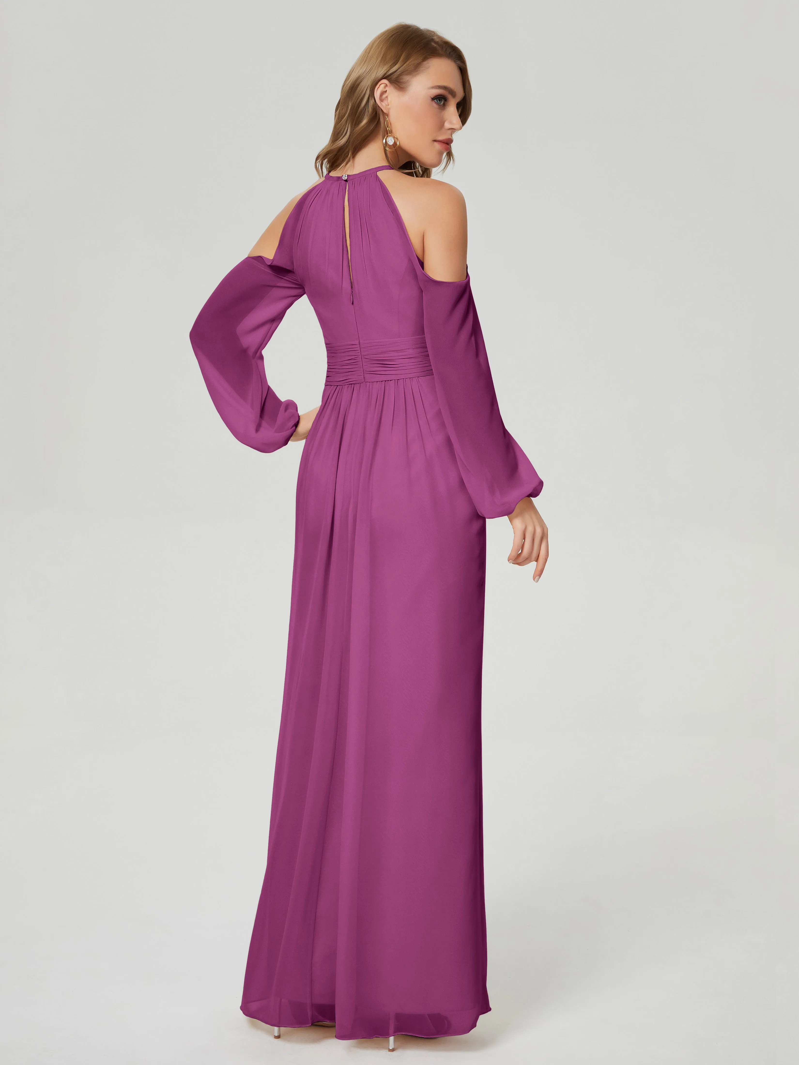 Phoebe Halter Long Sleeves Chiffon Bridesmaid Dresses