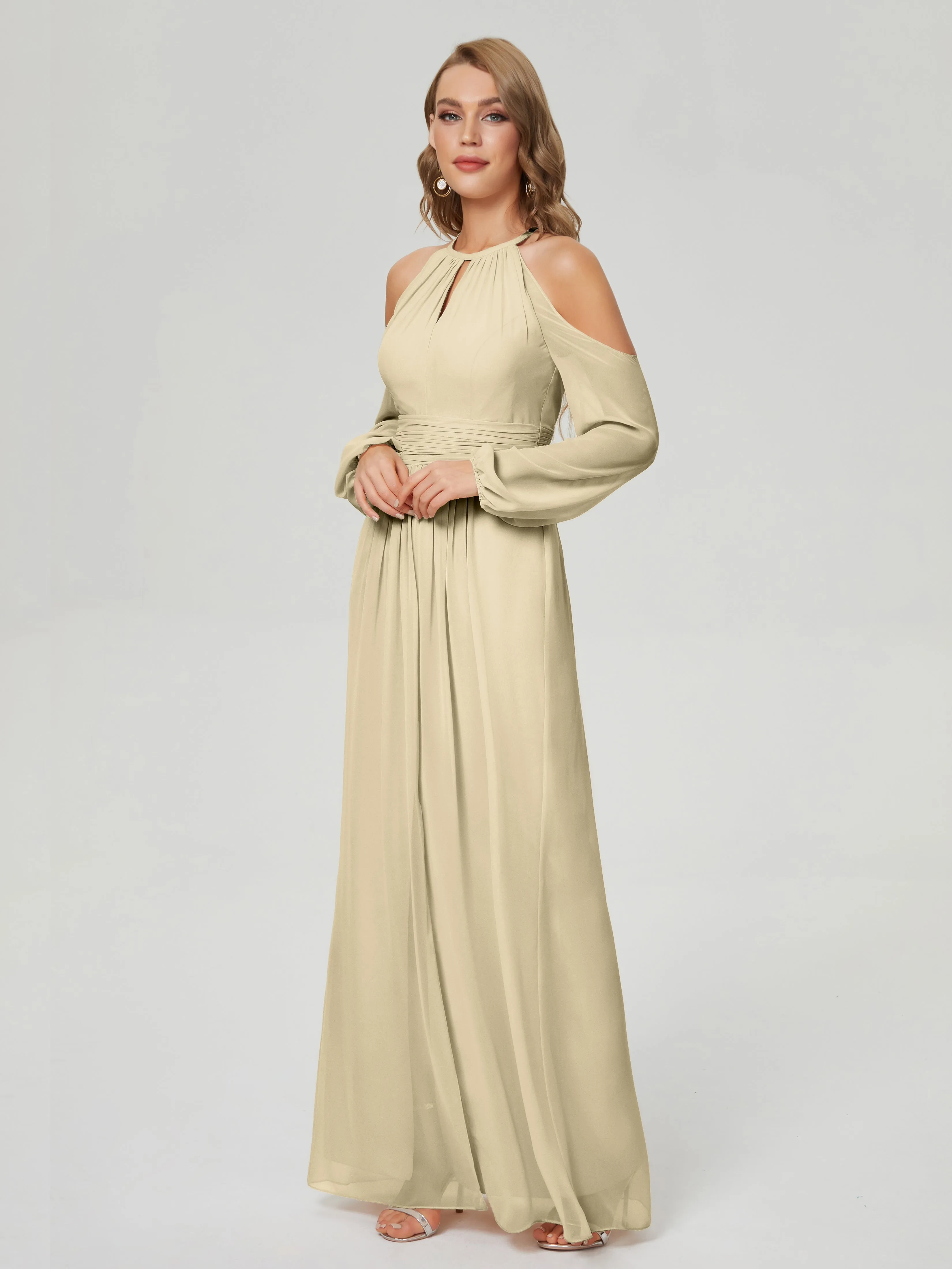 Phoebe Halter Long Sleeves Chiffon Bridesmaid Dresses
