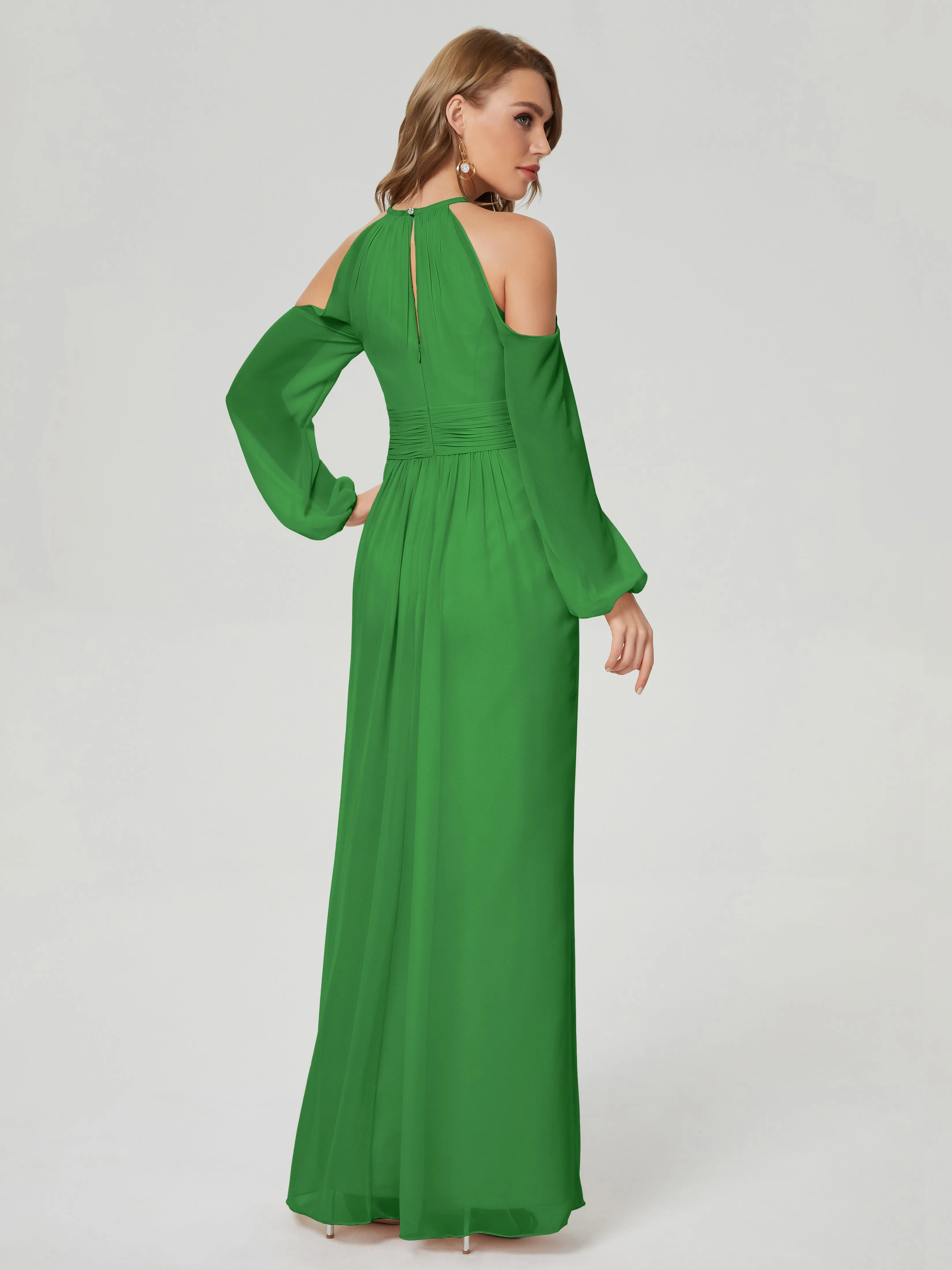 Phoebe Halter Long Sleeves Chiffon Bridesmaid Dresses