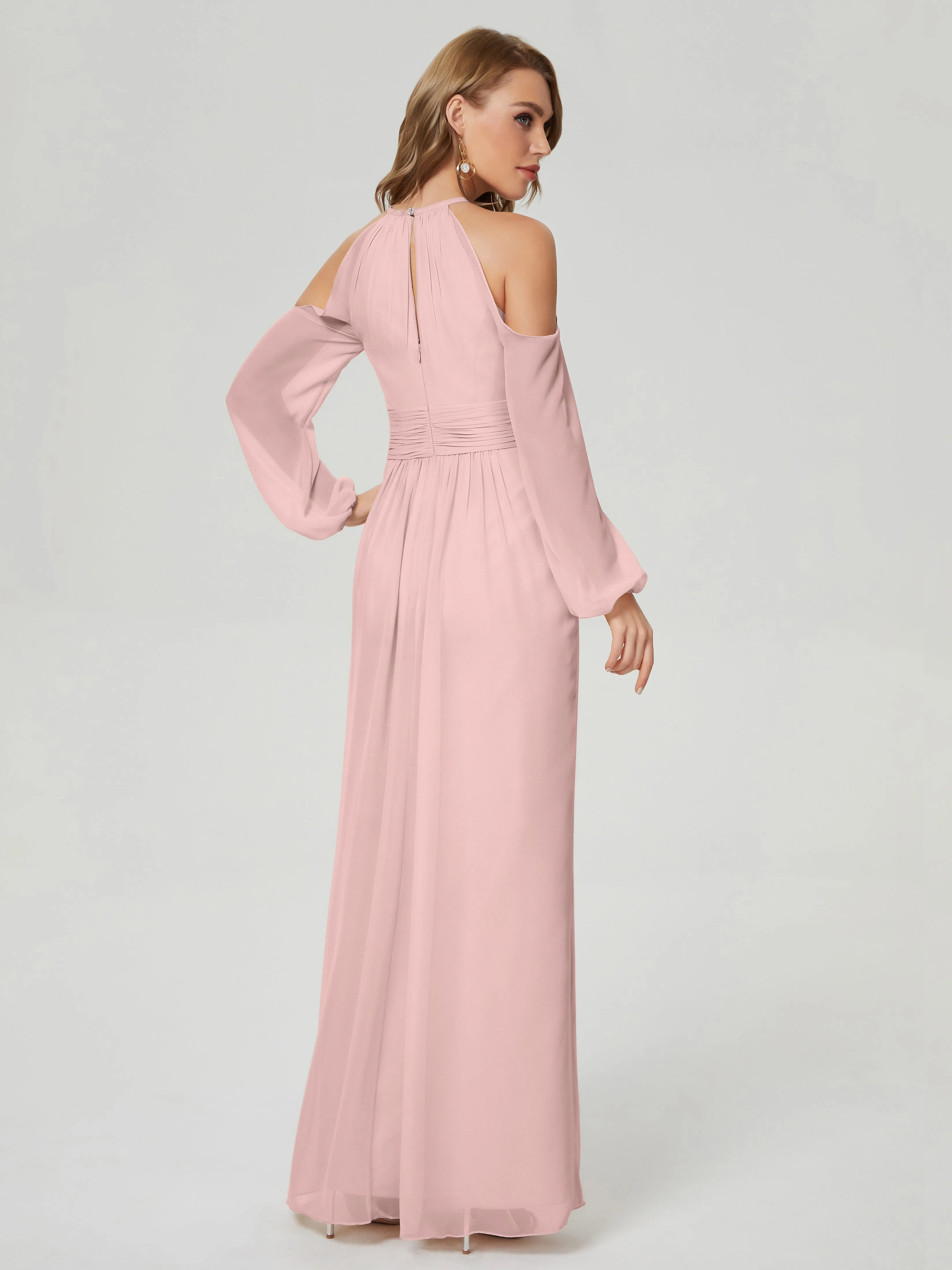 Phoebe Halter Long Sleeves Chiffon Bridesmaid Dresses