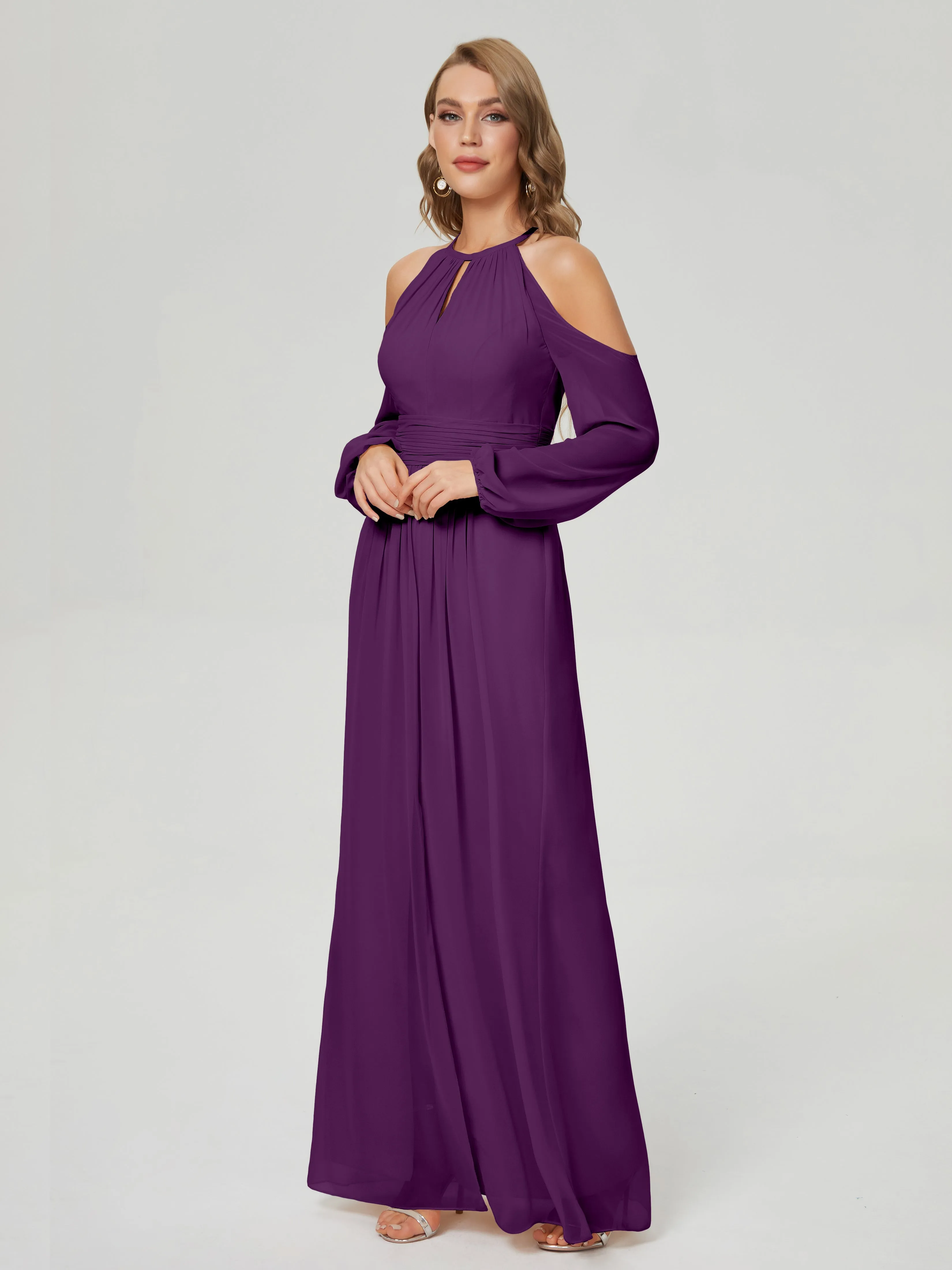 Phoebe Halter Long Sleeves Chiffon Bridesmaid Dresses