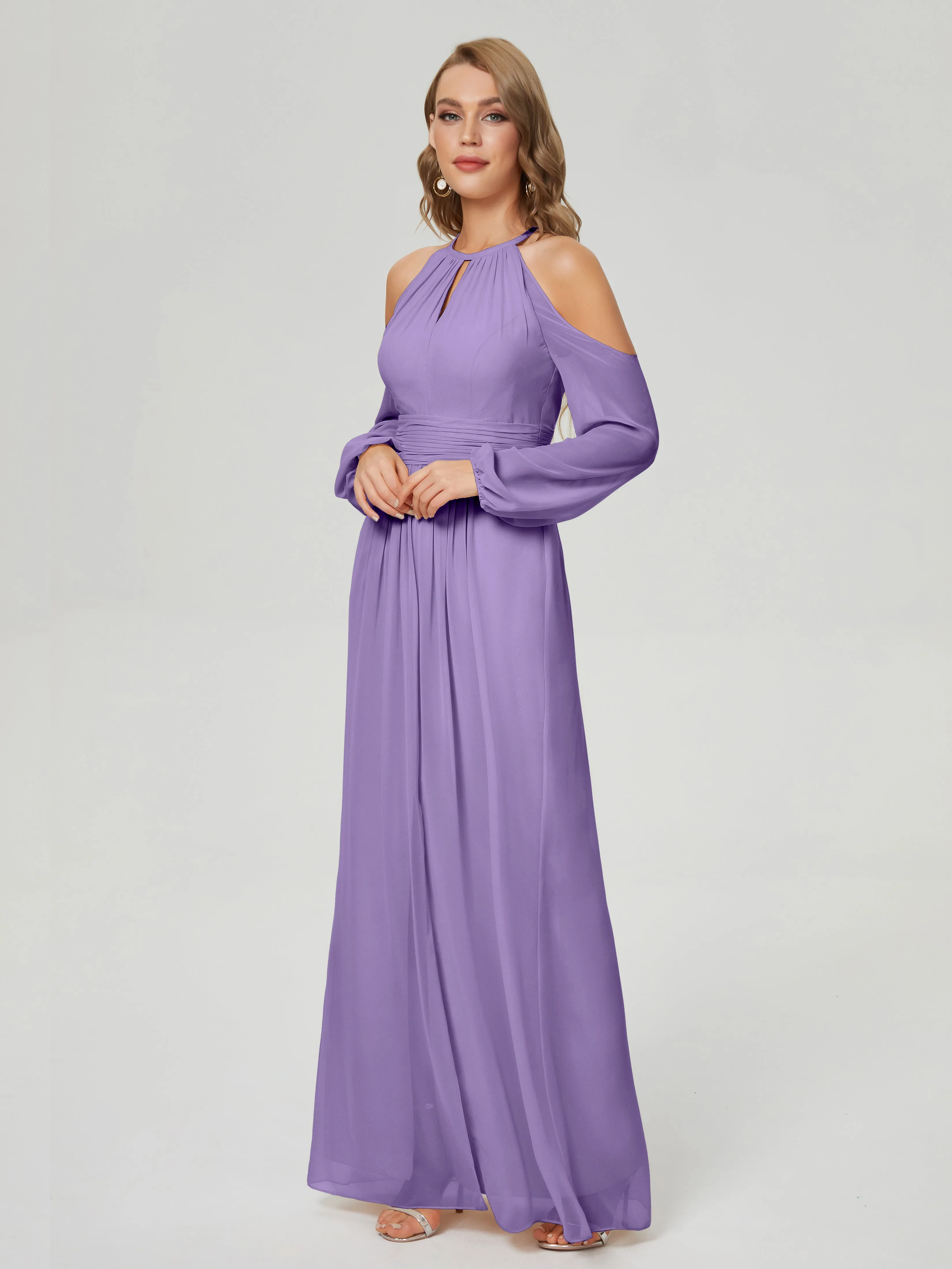 Phoebe Halter Long Sleeves Chiffon Bridesmaid Dresses