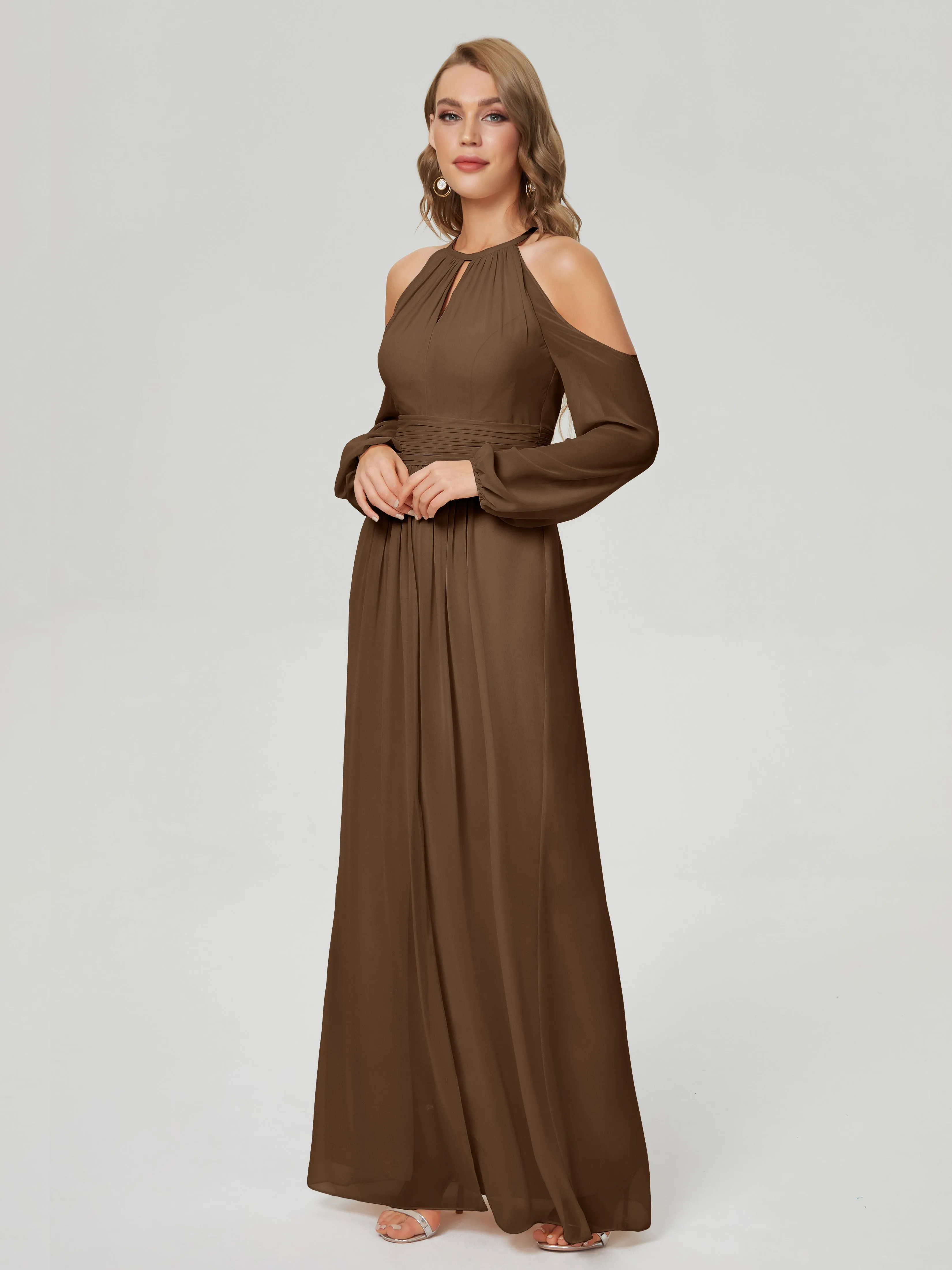 Phoebe Halter Long Sleeves Chiffon Bridesmaid Dresses