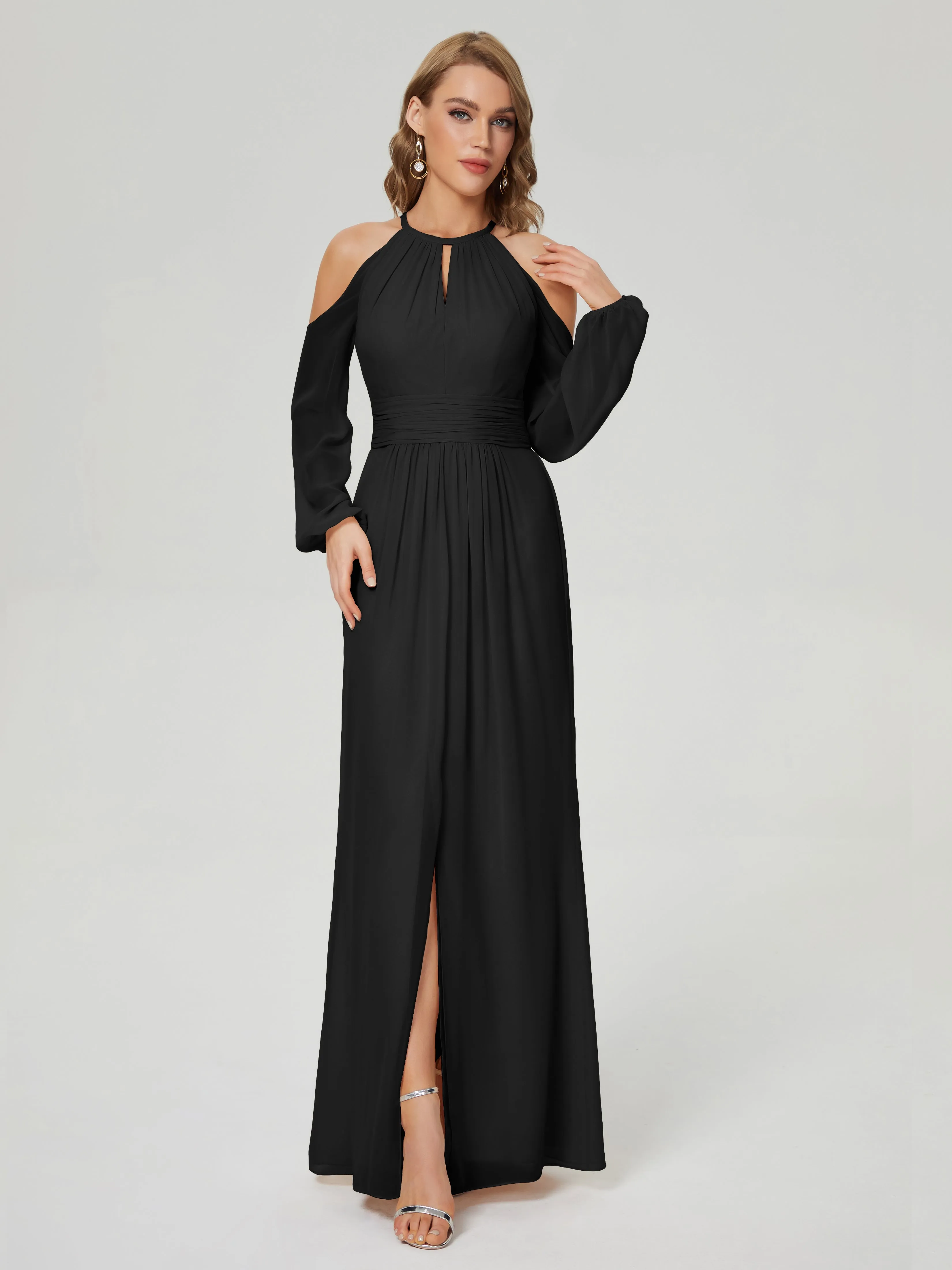 Phoebe Halter Long Sleeves Chiffon Bridesmaid Dresses