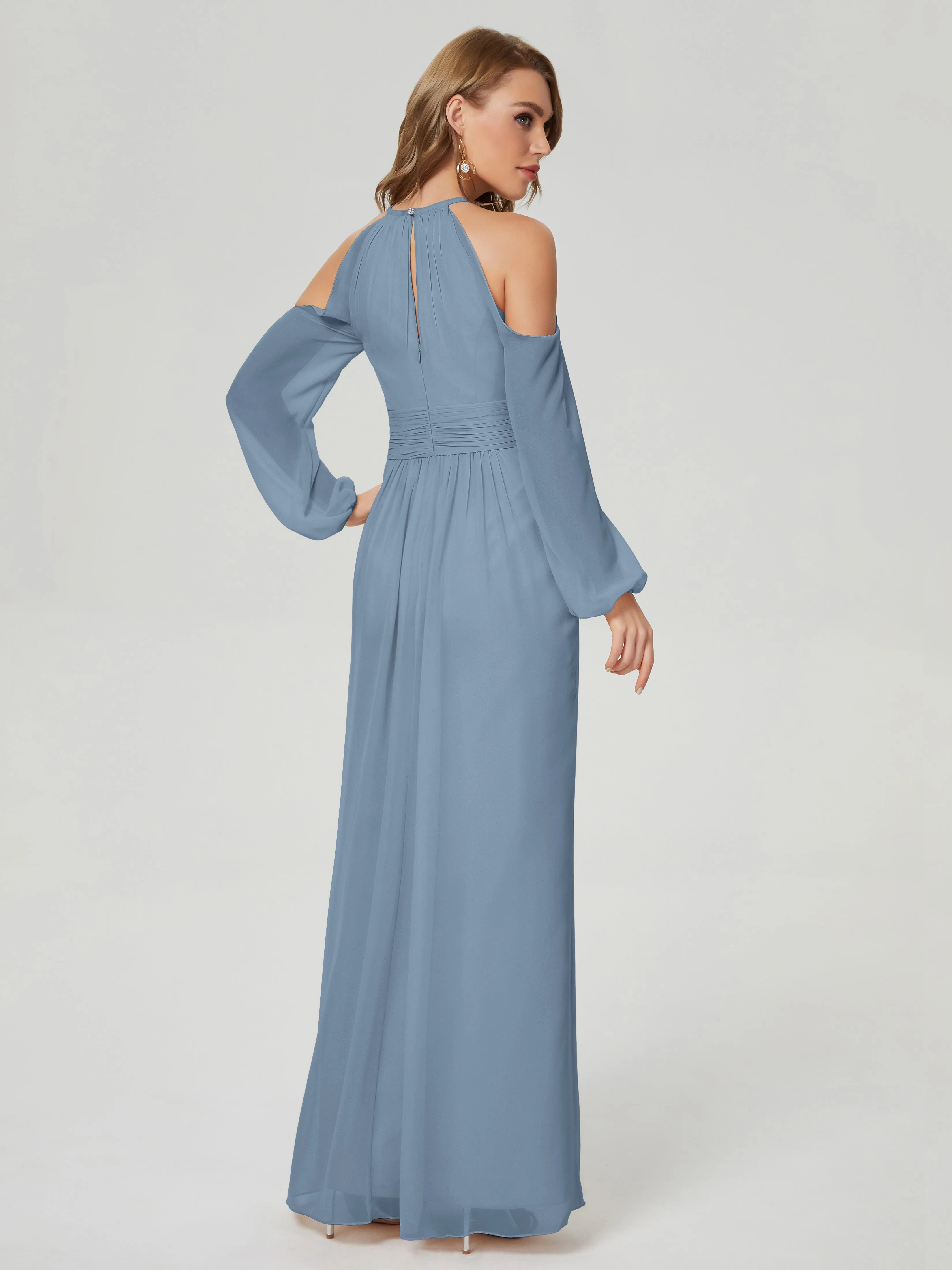 Phoebe Halter Long Sleeves Chiffon Bridesmaid Dresses