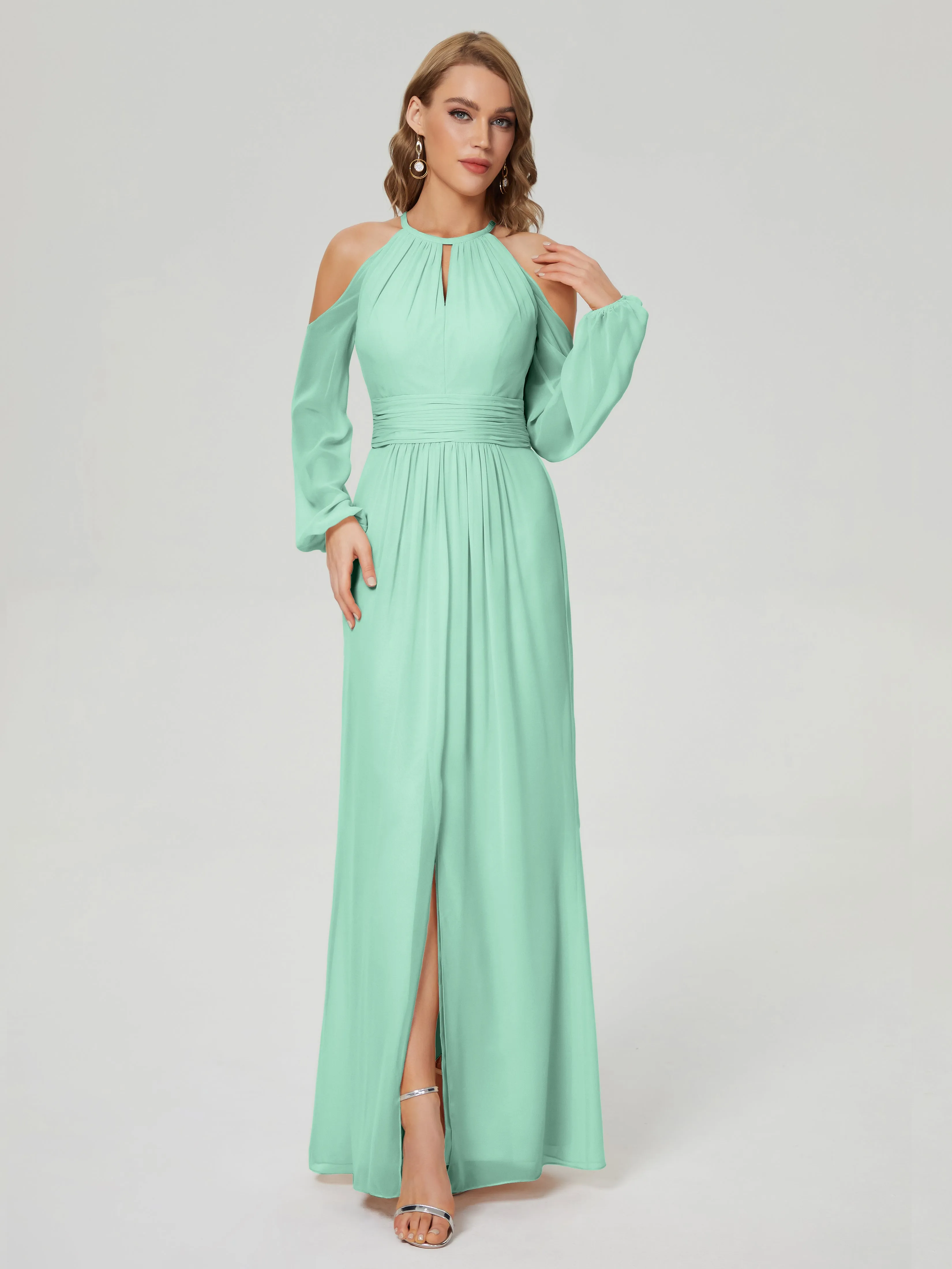 Phoebe Halter Long Sleeves Chiffon Bridesmaid Dresses