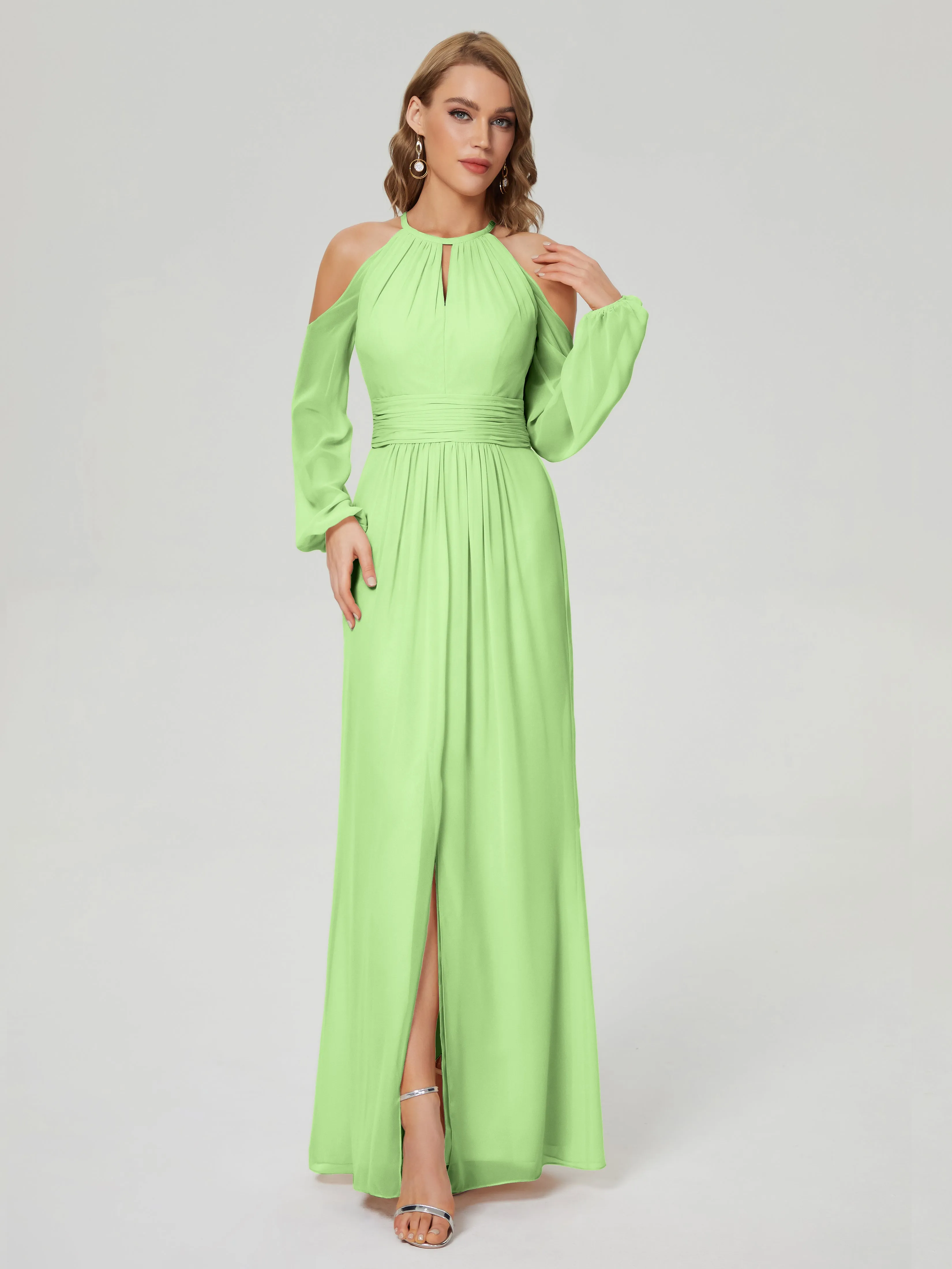 Phoebe Halter Long Sleeves Chiffon Bridesmaid Dresses
