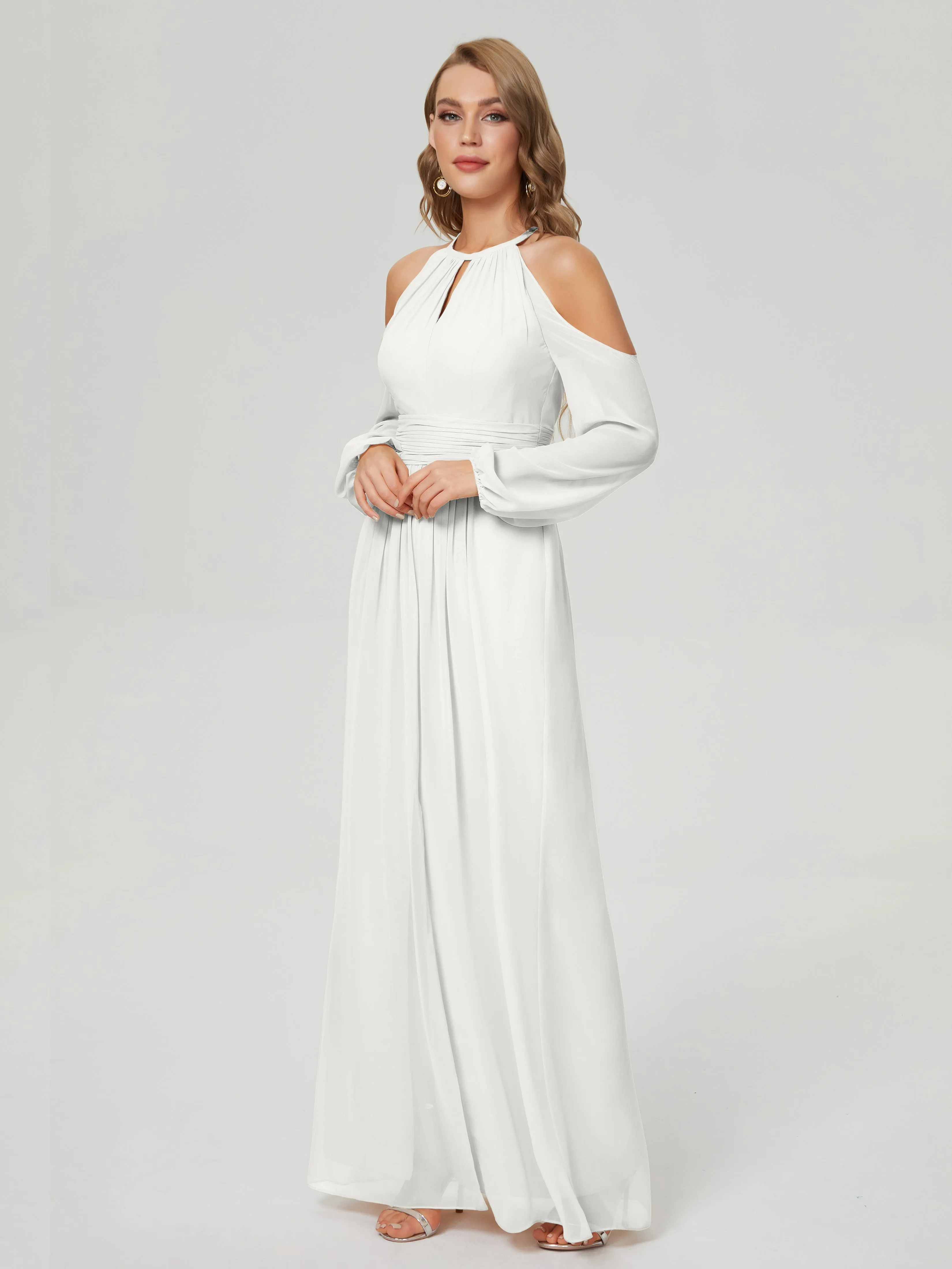 Phoebe Halter Long Sleeves Chiffon Bridesmaid Dresses