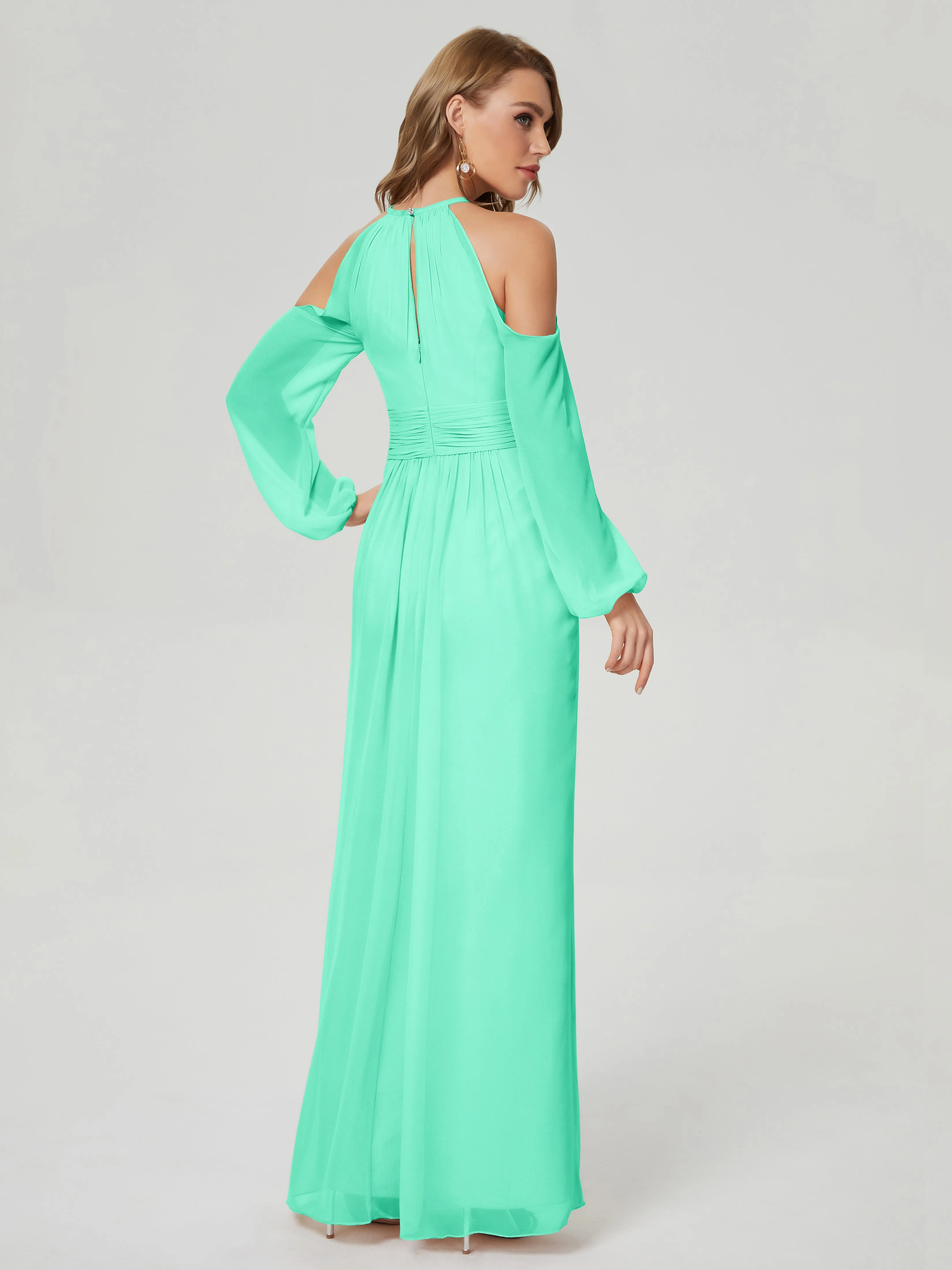 Phoebe Halter Long Sleeves Chiffon Bridesmaid Dresses