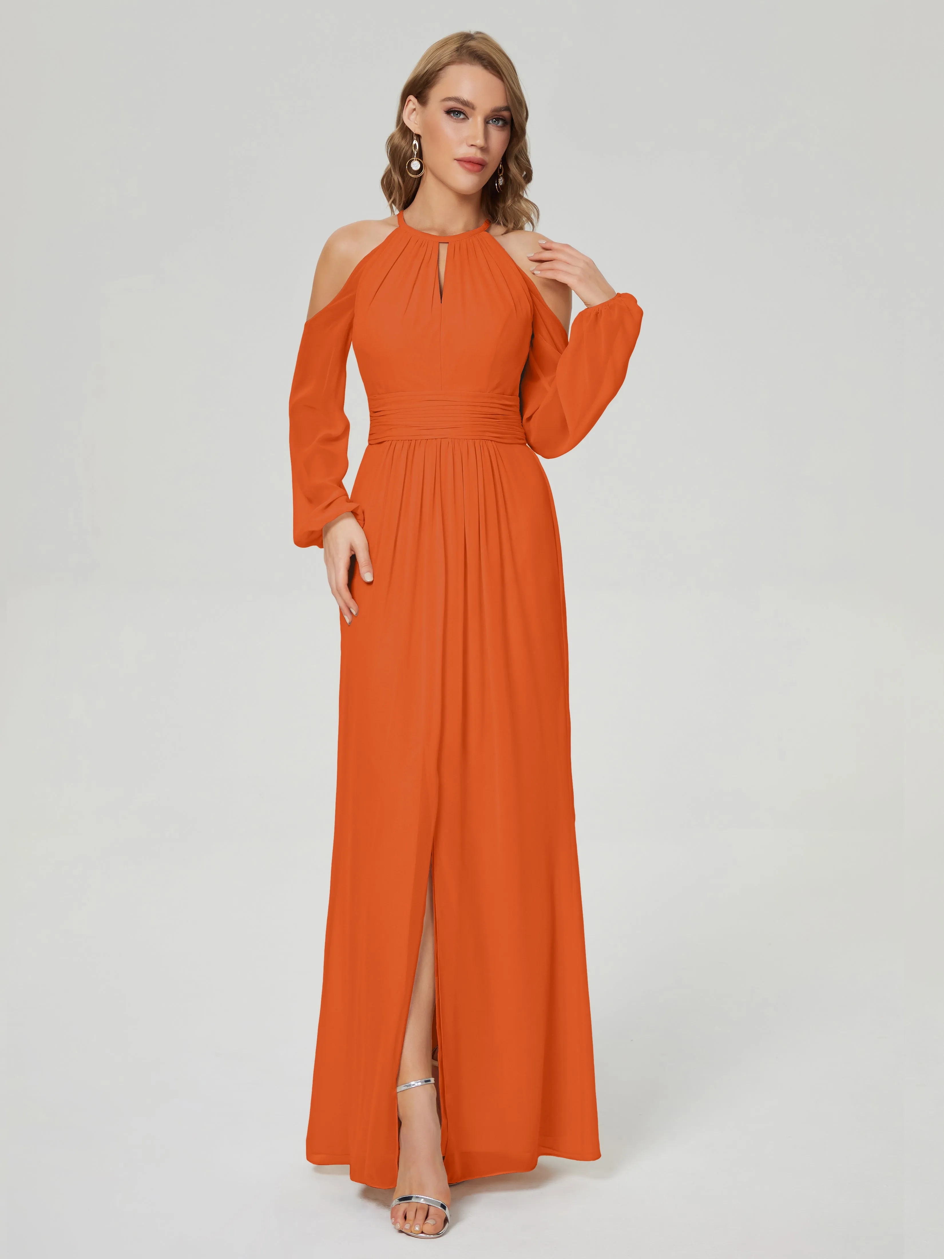 Phoebe Halter Long Sleeves Chiffon Bridesmaid Dresses