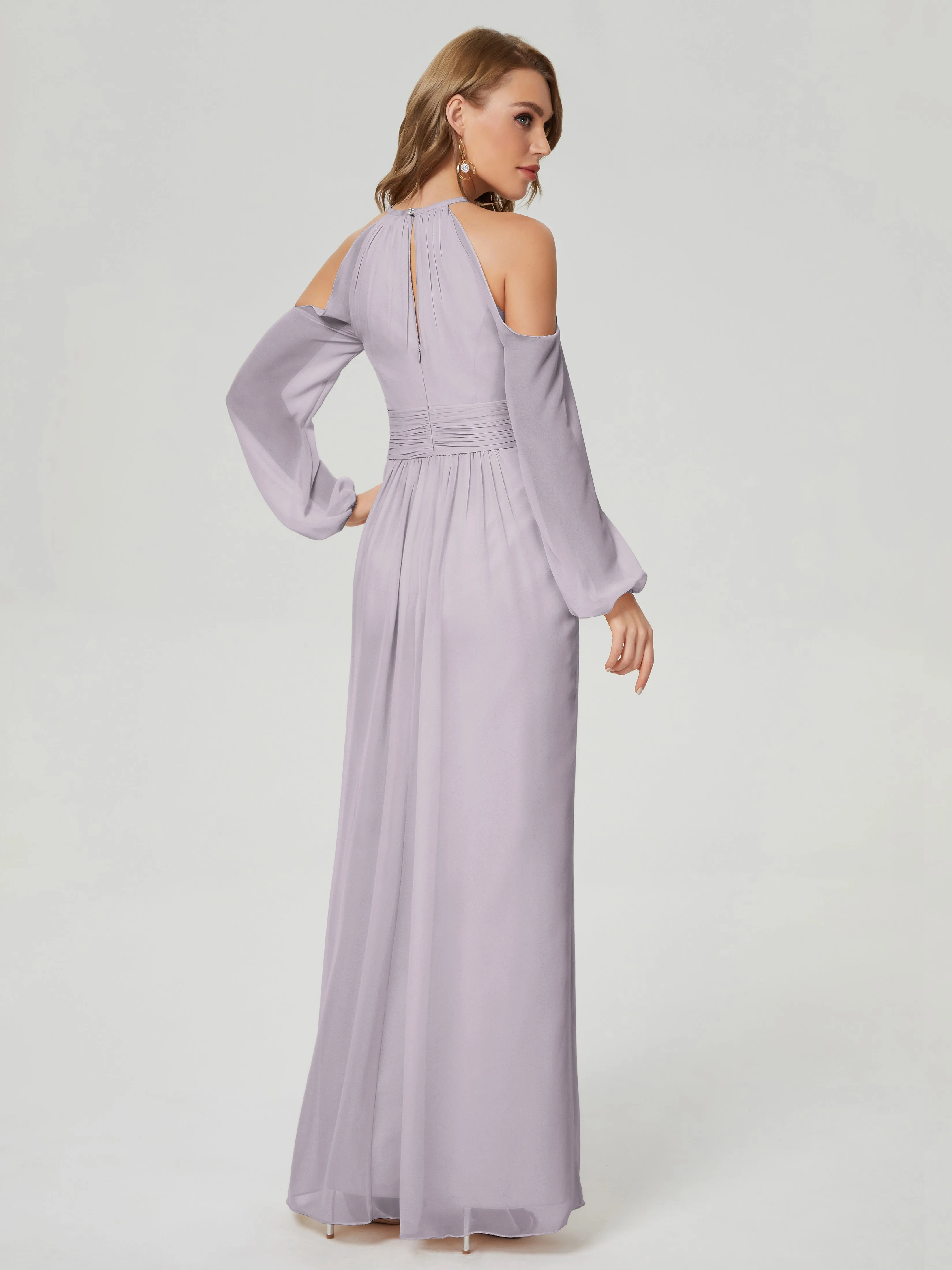 Phoebe Halter Long Sleeves Chiffon Bridesmaid Dresses