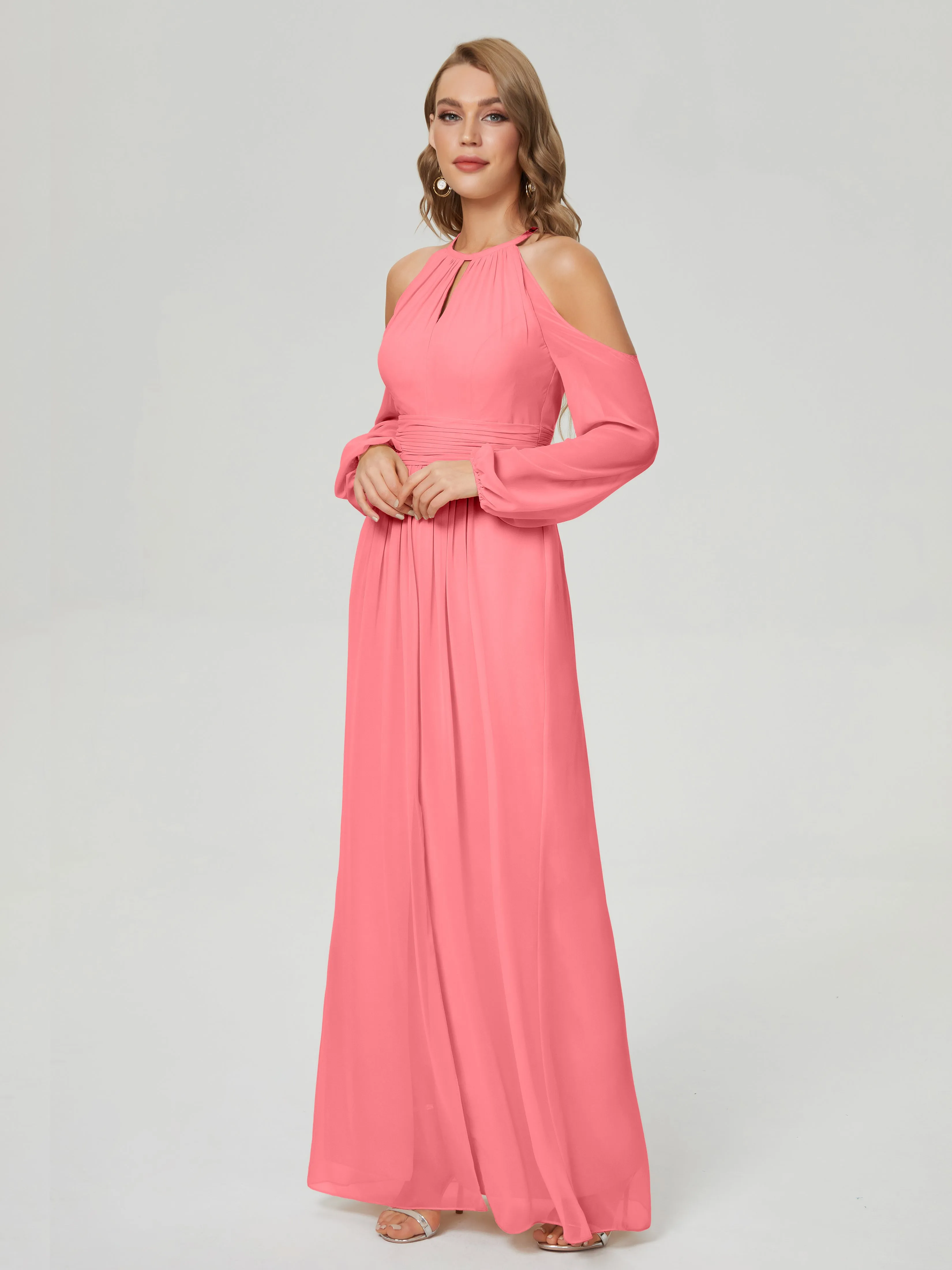 Phoebe Halter Long Sleeves Chiffon Bridesmaid Dresses
