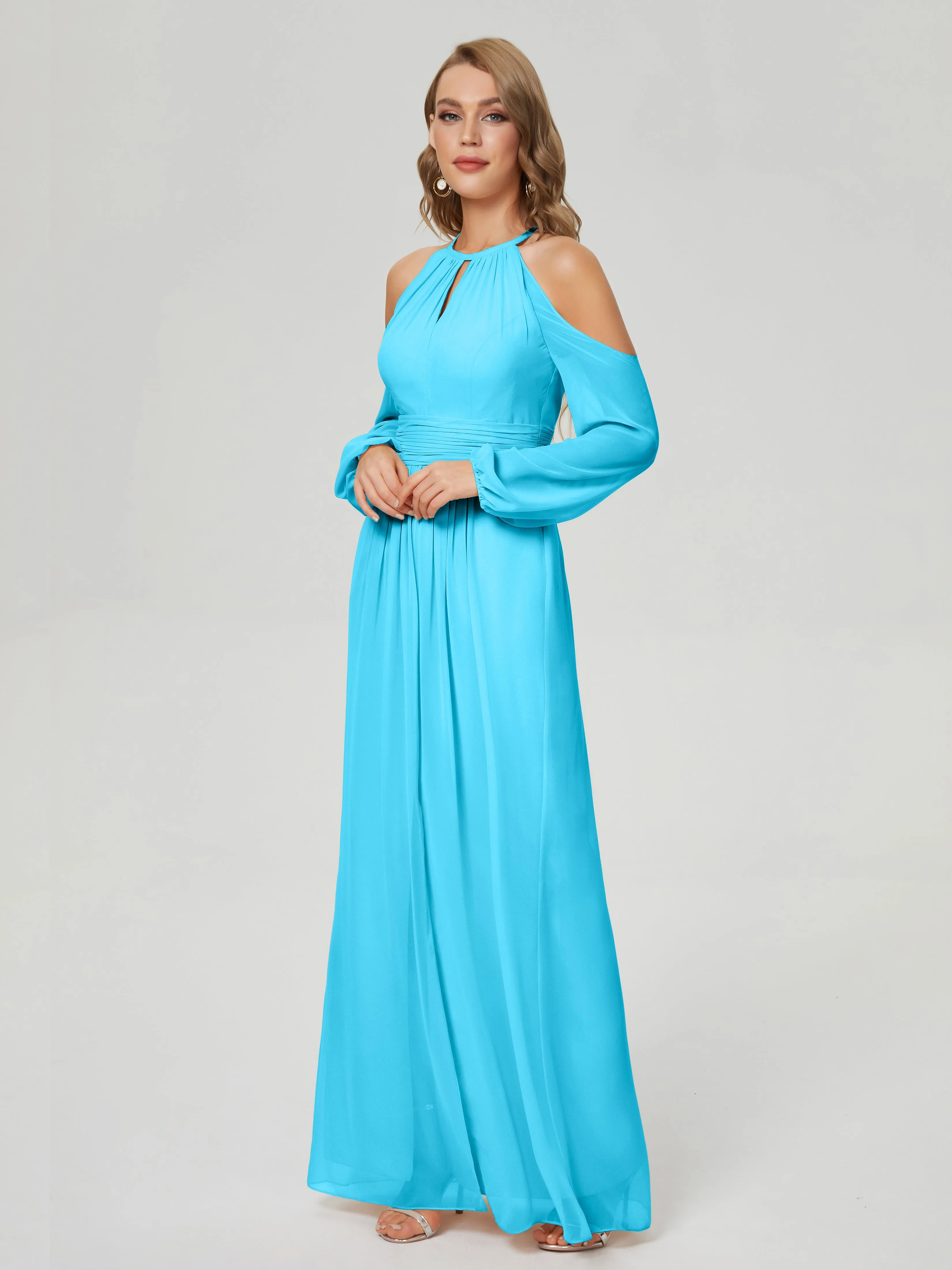 Phoebe Halter Long Sleeves Chiffon Bridesmaid Dresses