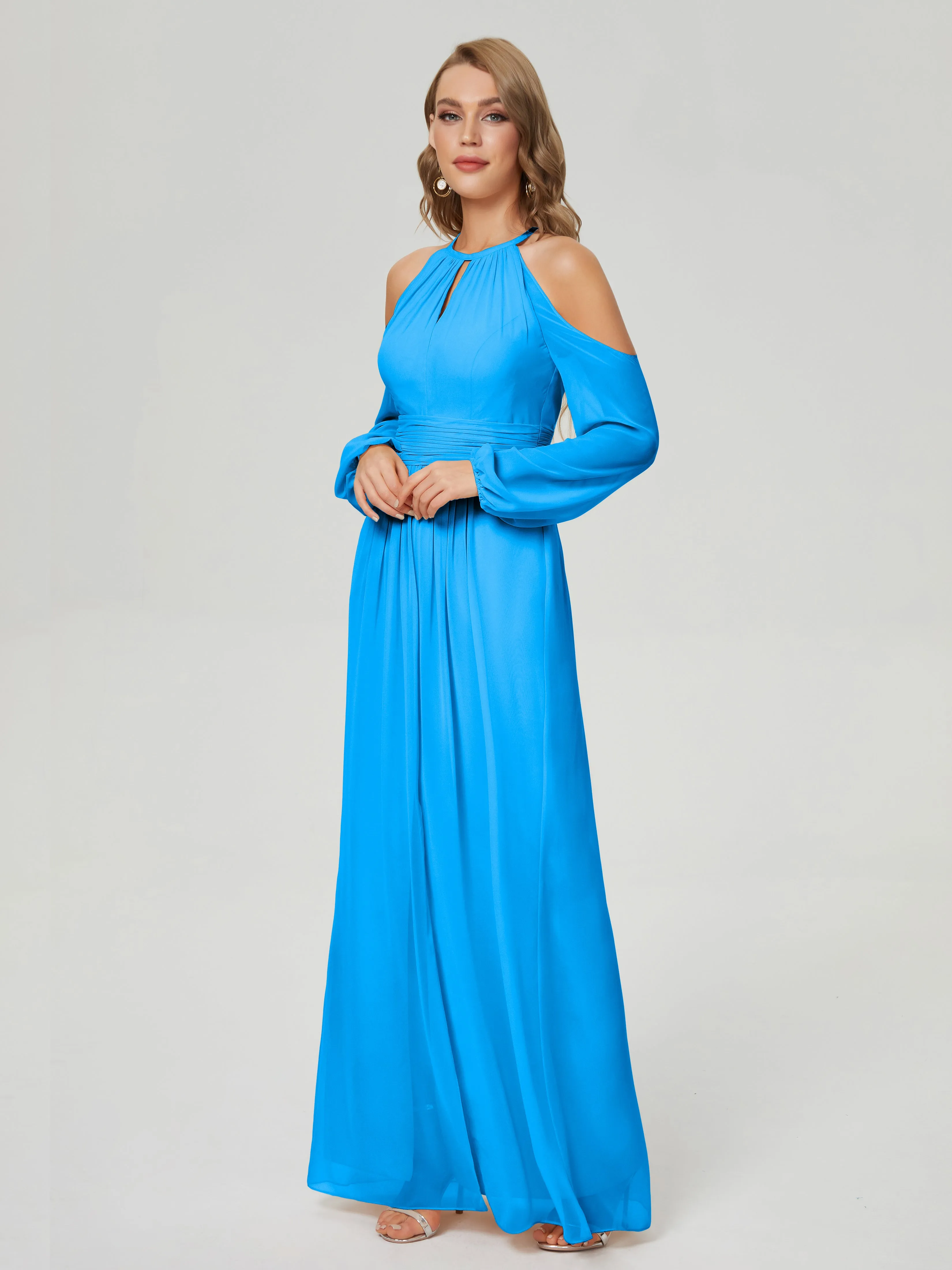 Phoebe Halter Long Sleeves Chiffon Bridesmaid Dresses