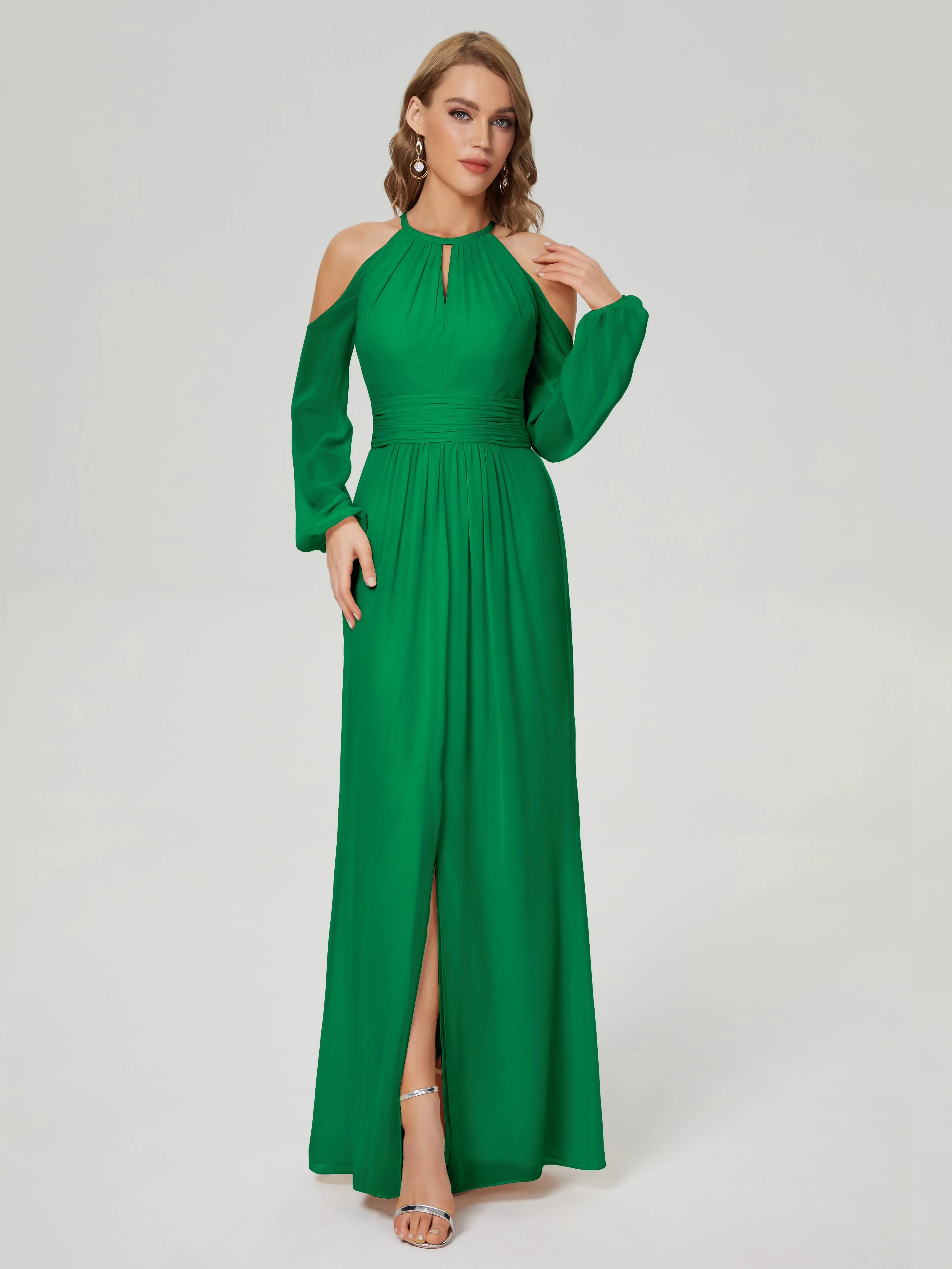Phoebe Halter Long Sleeves Chiffon Bridesmaid Dresses