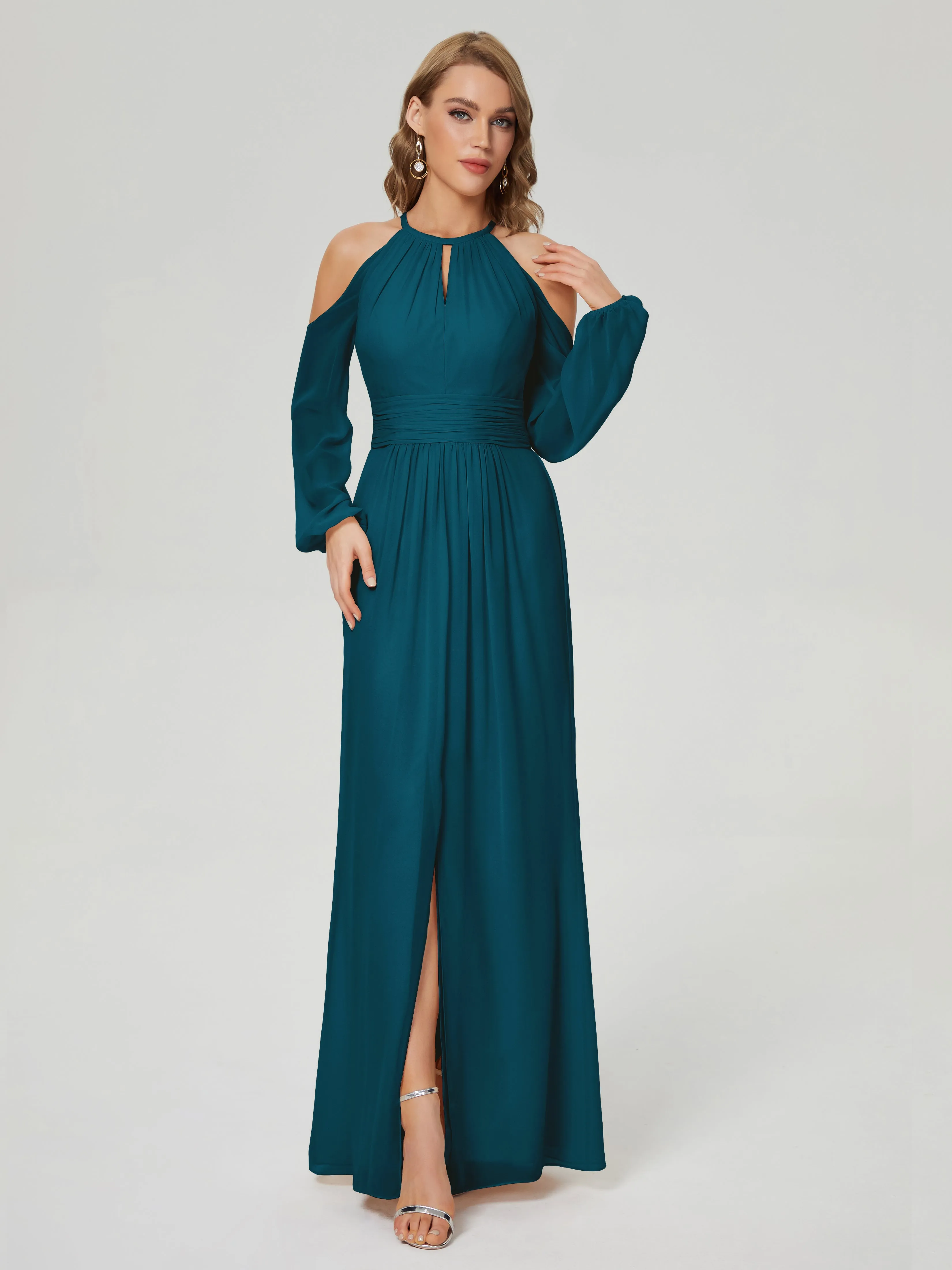 Phoebe Halter Long Sleeves Chiffon Bridesmaid Dresses