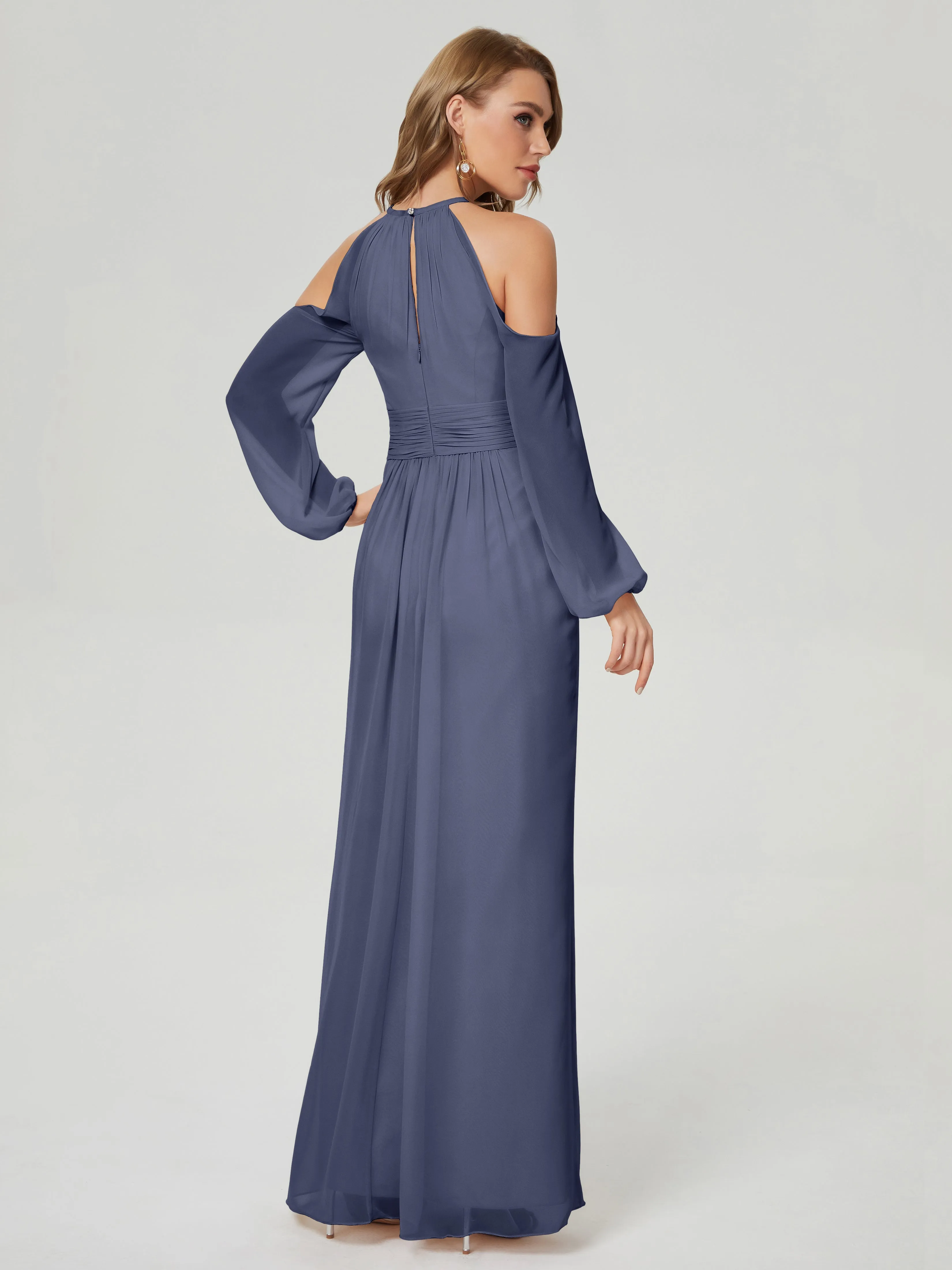 Phoebe Halter Long Sleeves Chiffon Bridesmaid Dresses