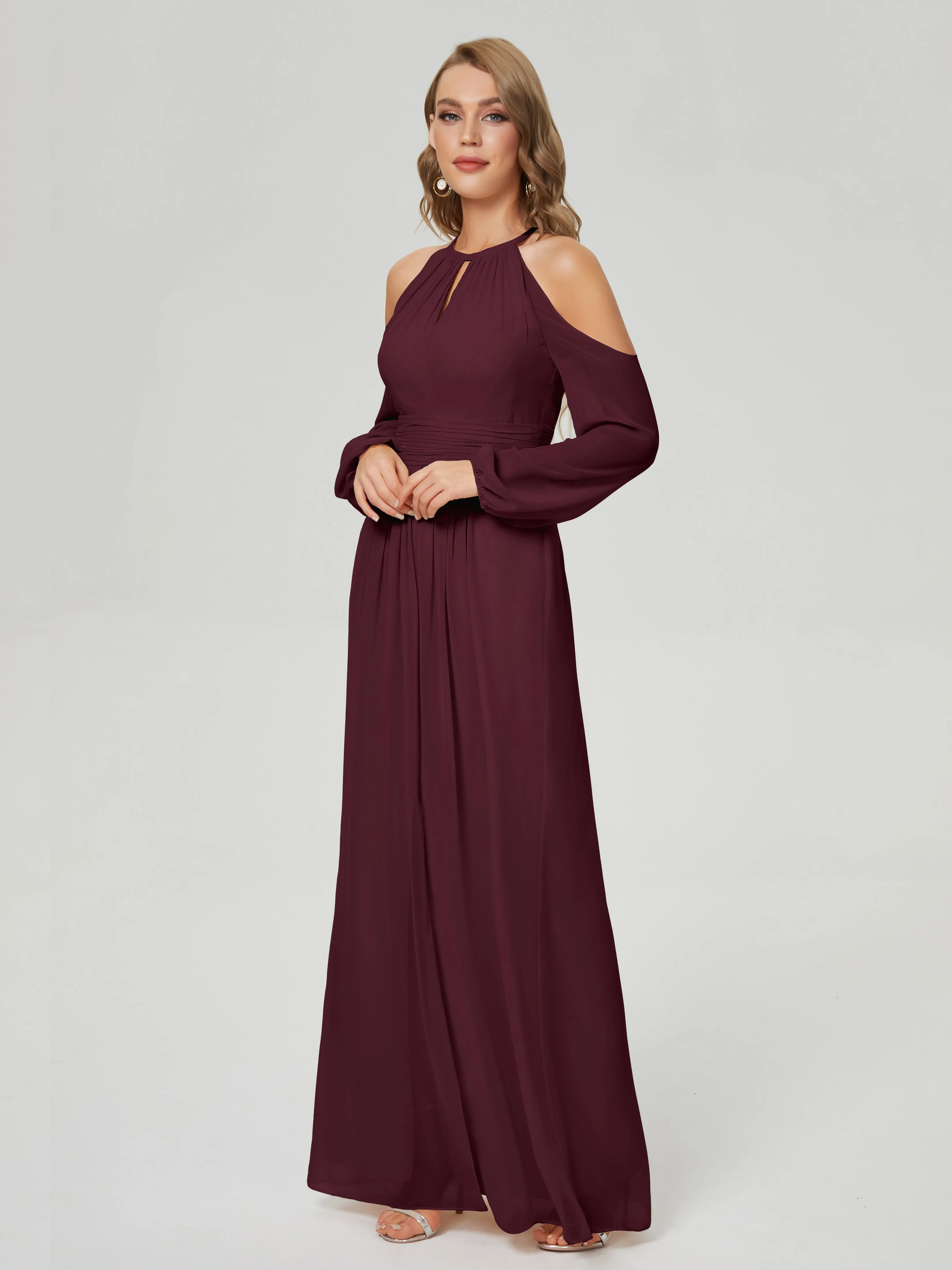 Phoebe Halter Long Sleeves Chiffon Bridesmaid Dresses
