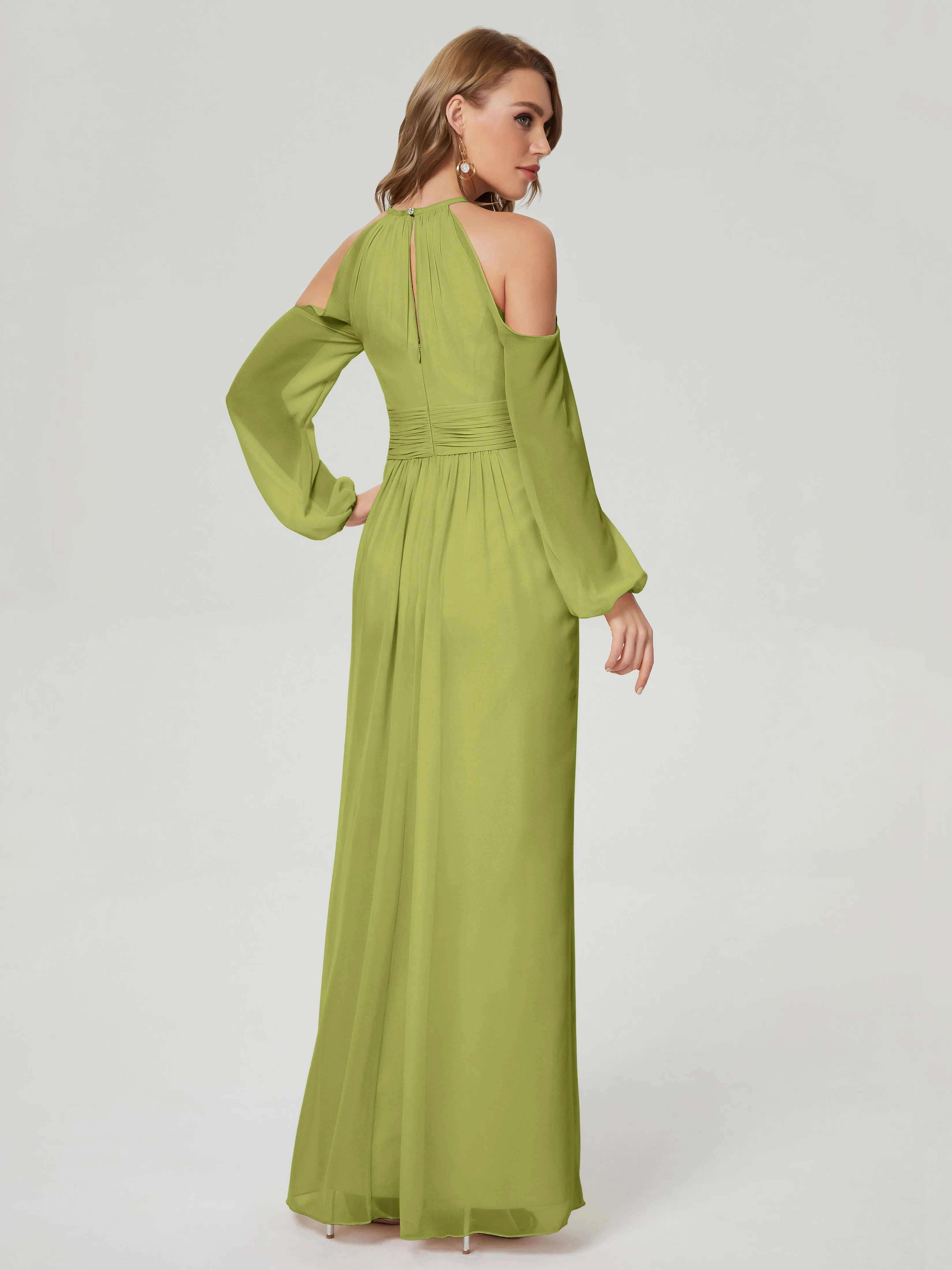 Phoebe Halter Long Sleeves Chiffon Bridesmaid Dresses