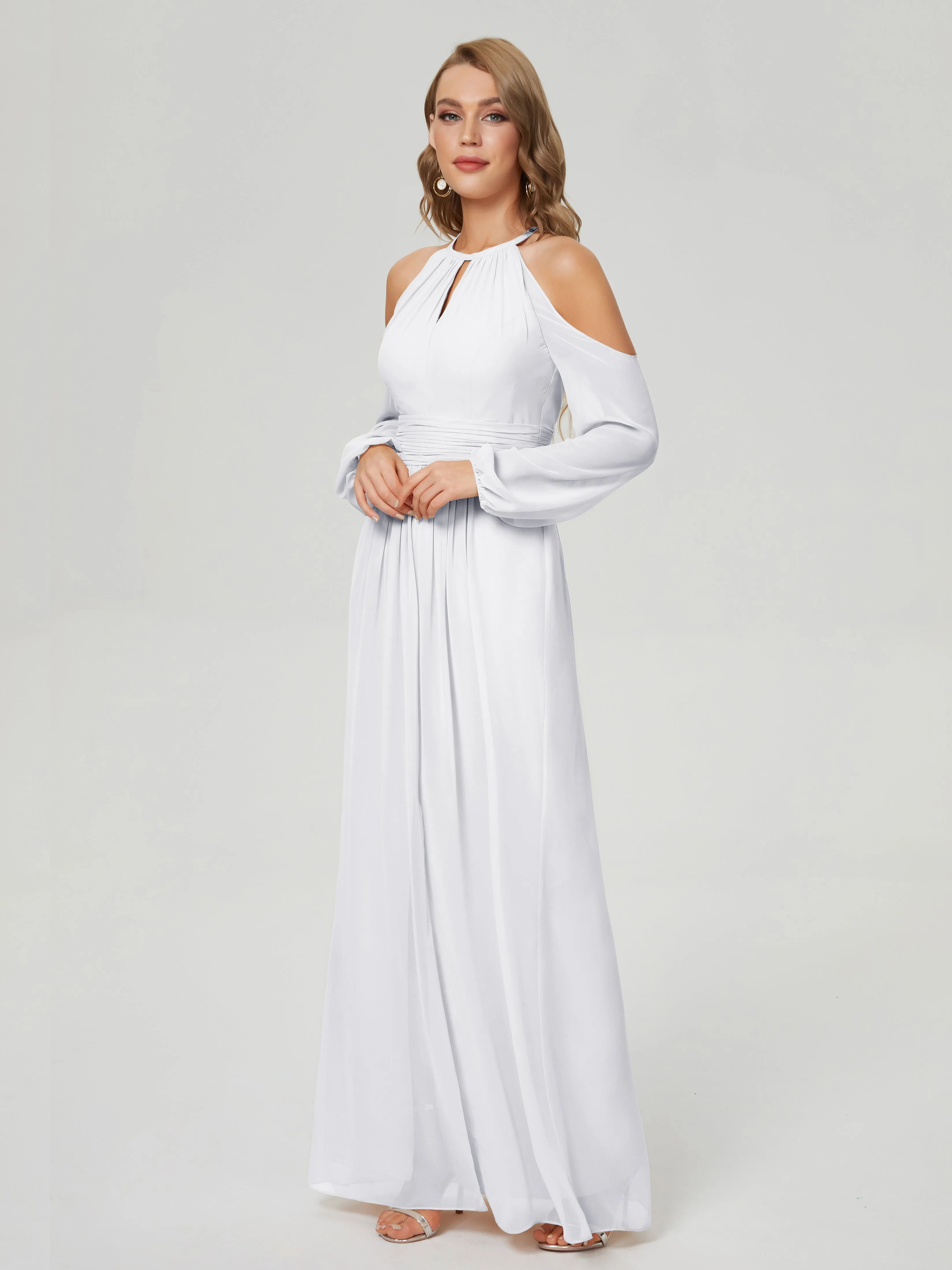 Phoebe Halter Long Sleeves Chiffon Bridesmaid Dresses