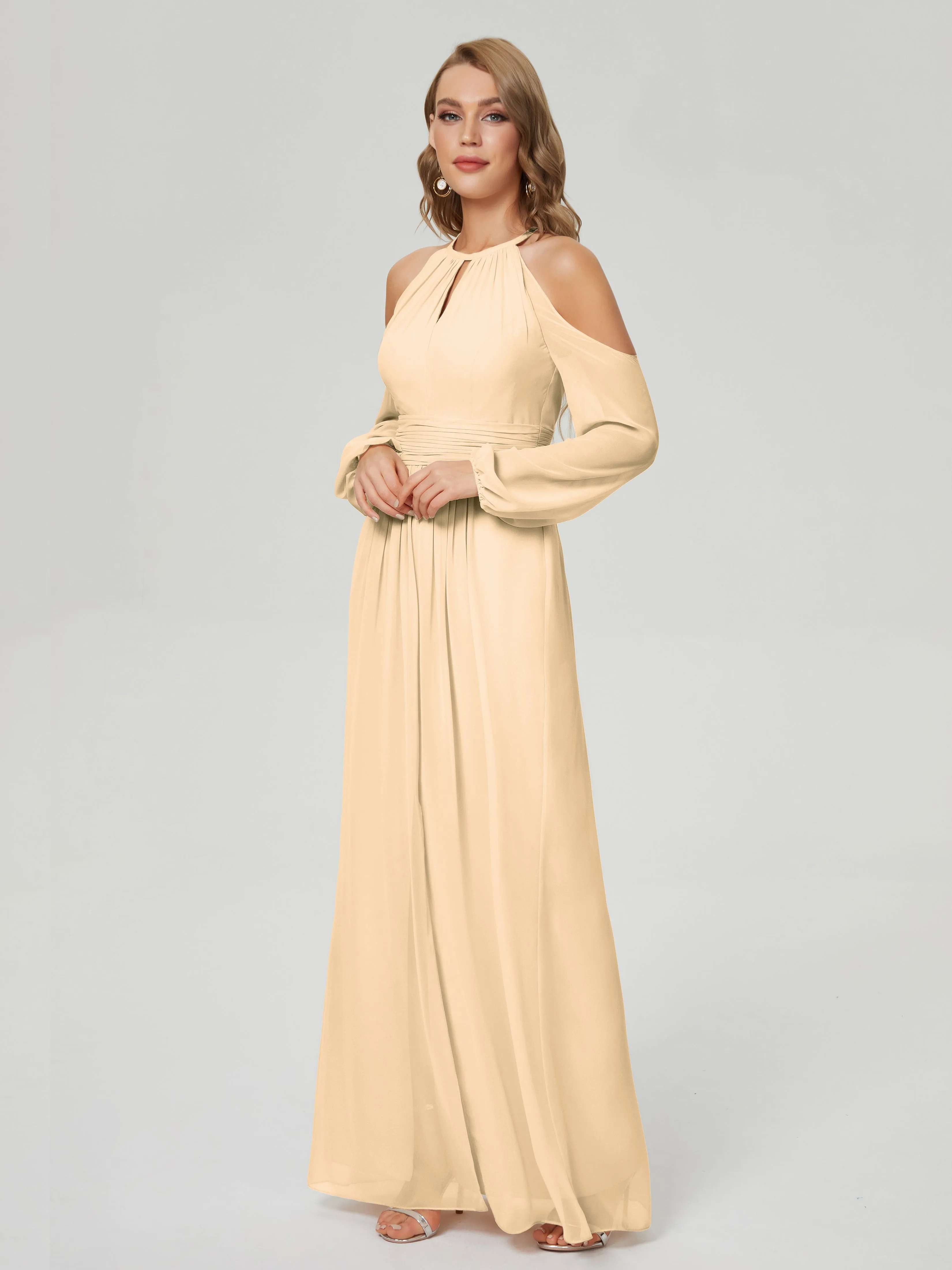 Phoebe Halter Long Sleeves Chiffon Bridesmaid Dresses