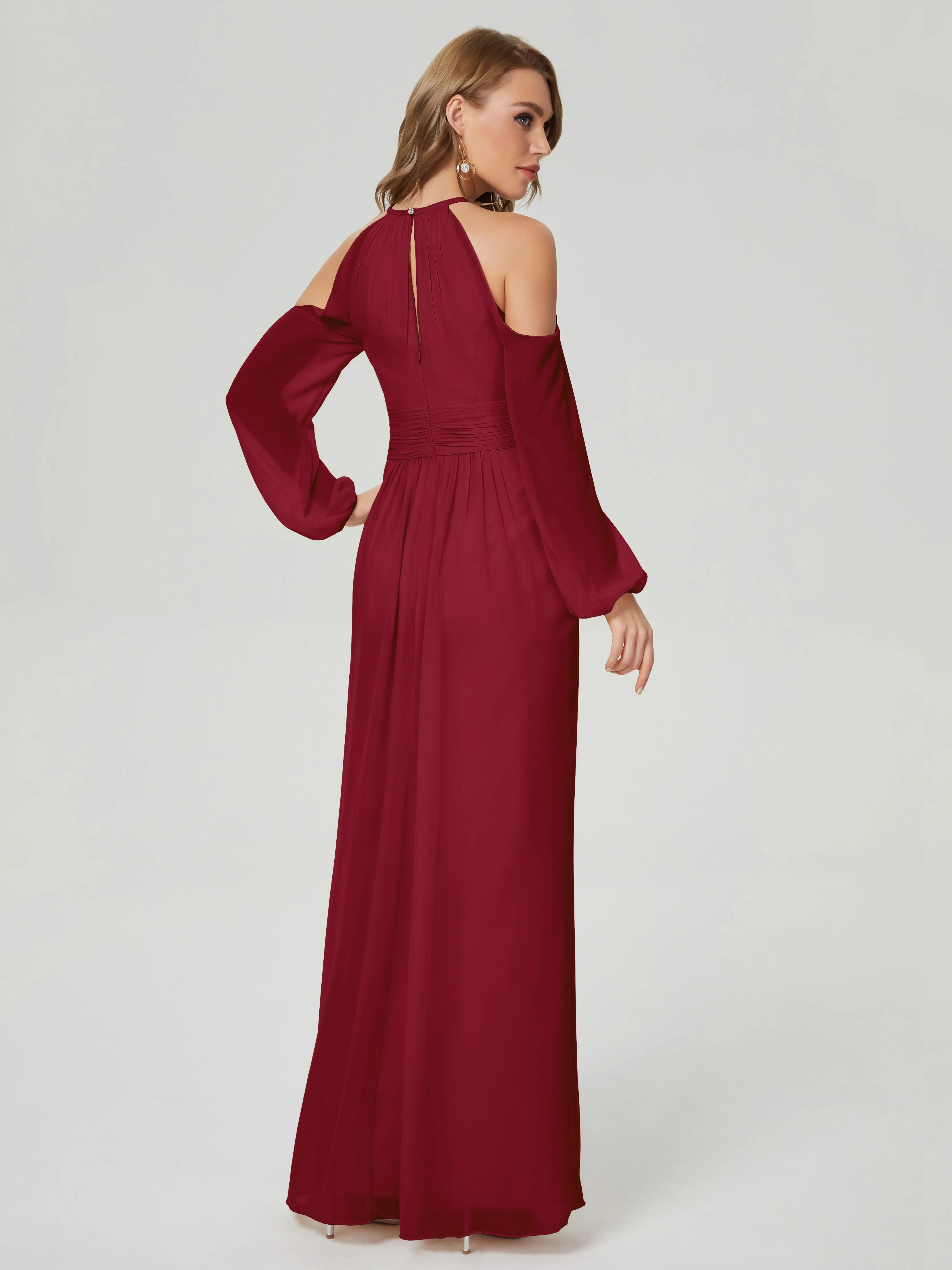 Phoebe Halter Long Sleeves Chiffon Bridesmaid Dresses