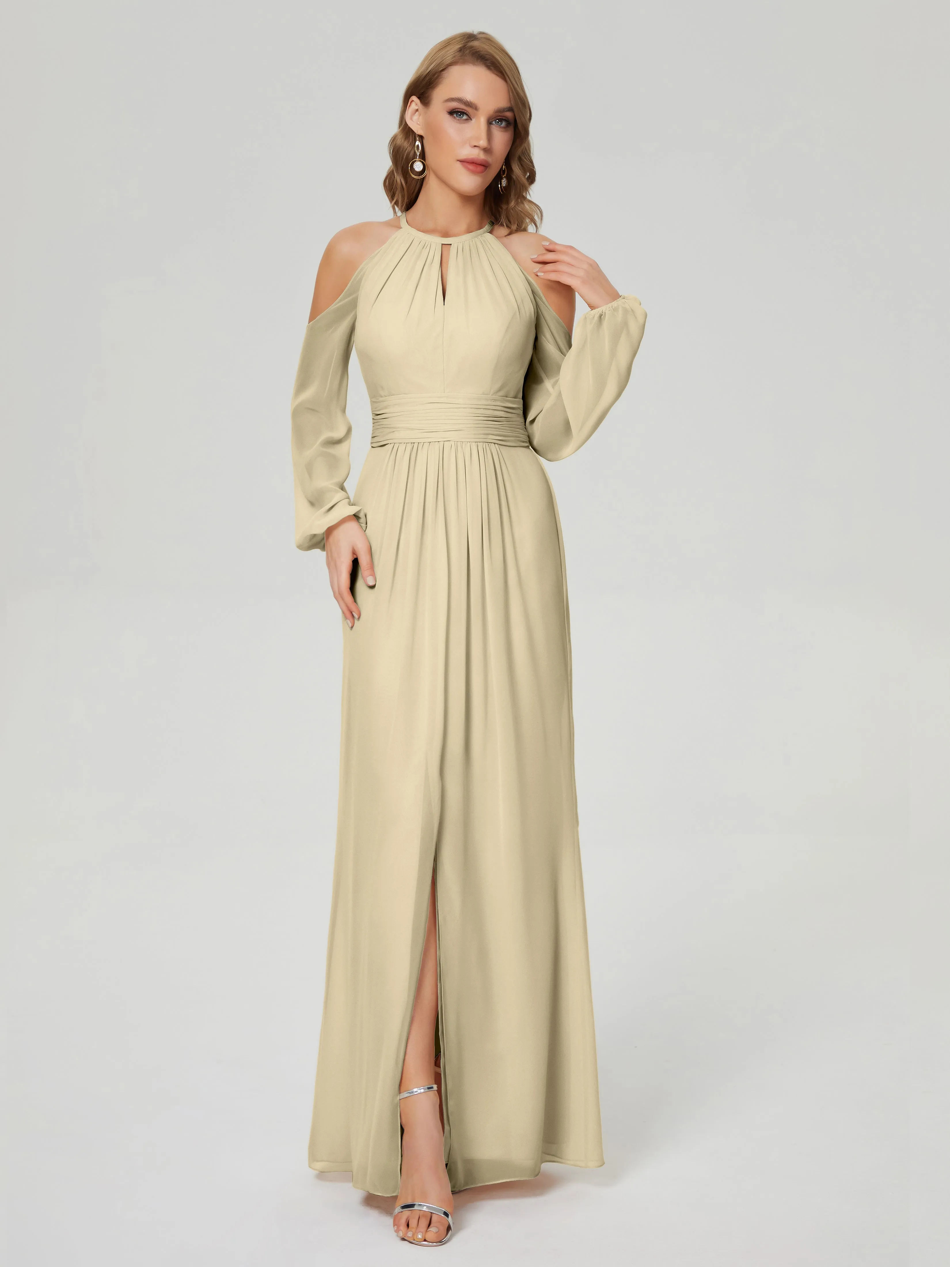 Phoebe Halter Long Sleeves Chiffon Bridesmaid Dresses