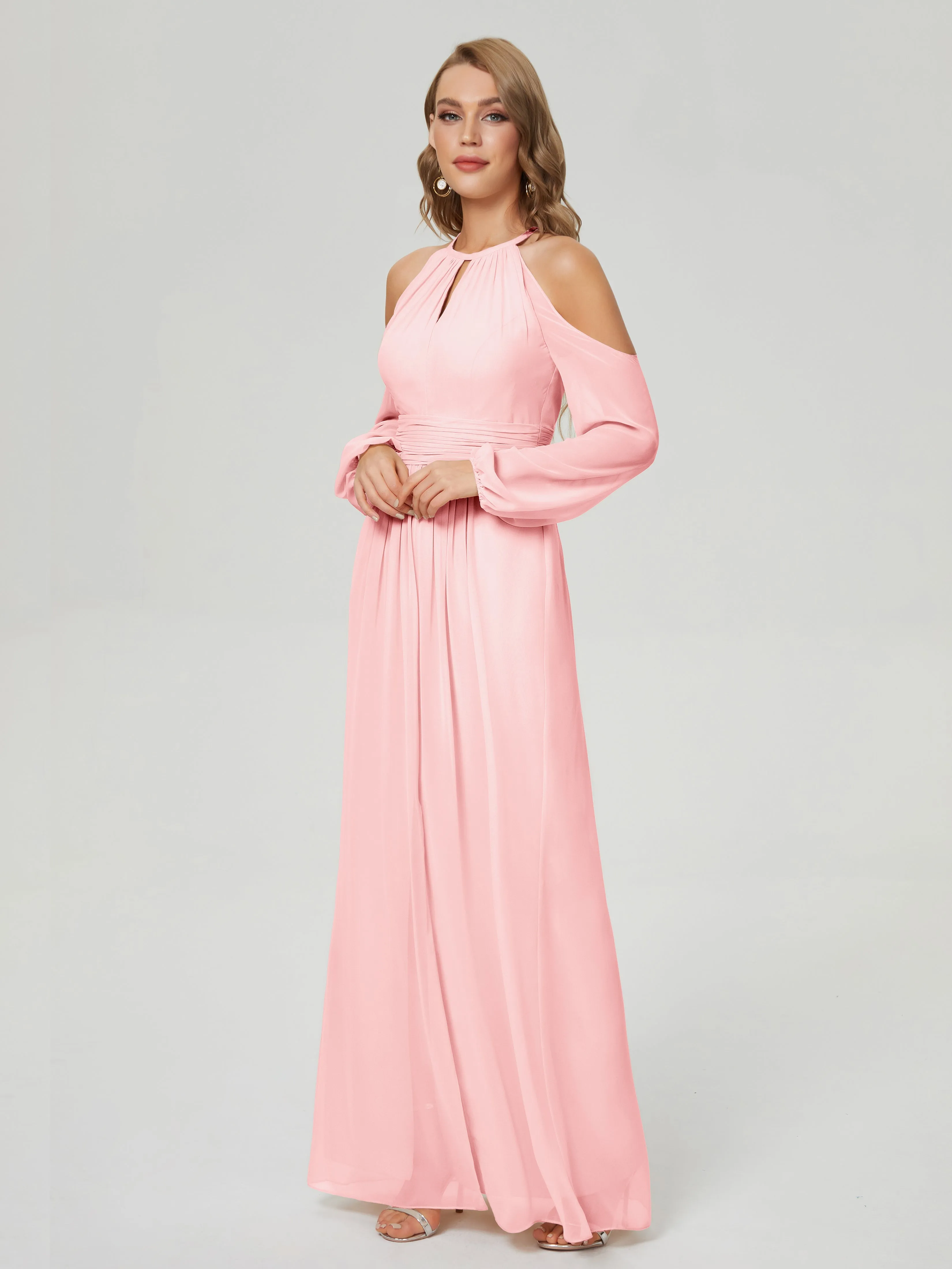 Phoebe Halter Long Sleeves Chiffon Bridesmaid Dresses