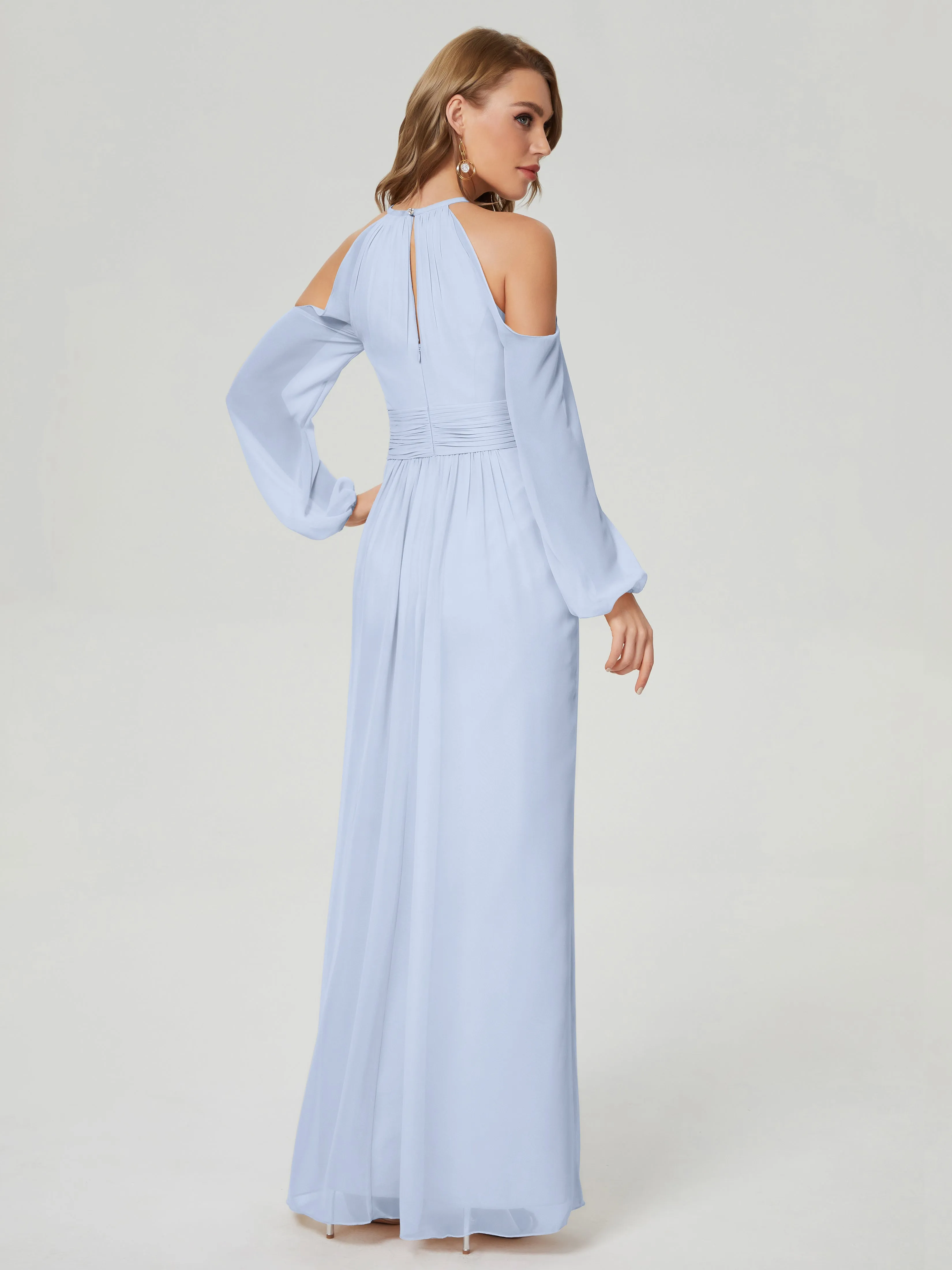 Phoebe Halter Long Sleeves Chiffon Bridesmaid Dresses