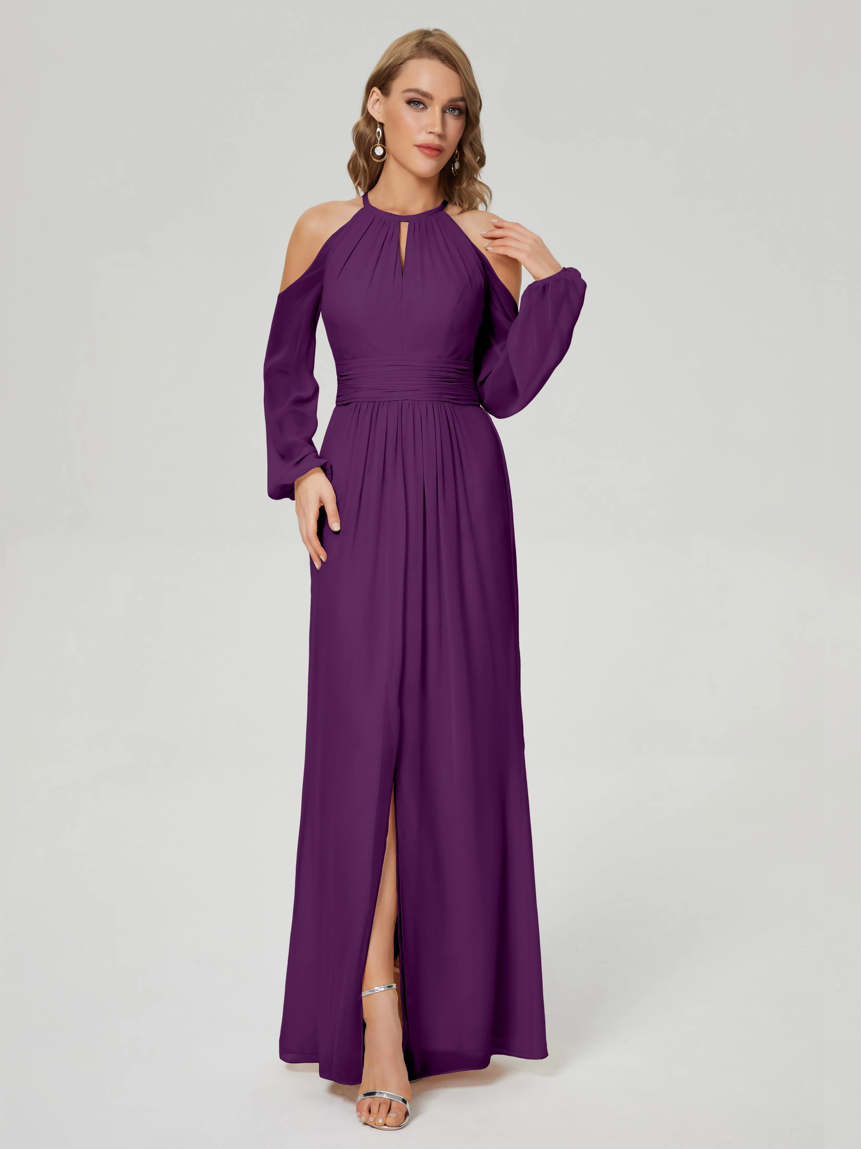 Phoebe Halter Long Sleeves Chiffon Bridesmaid Dresses