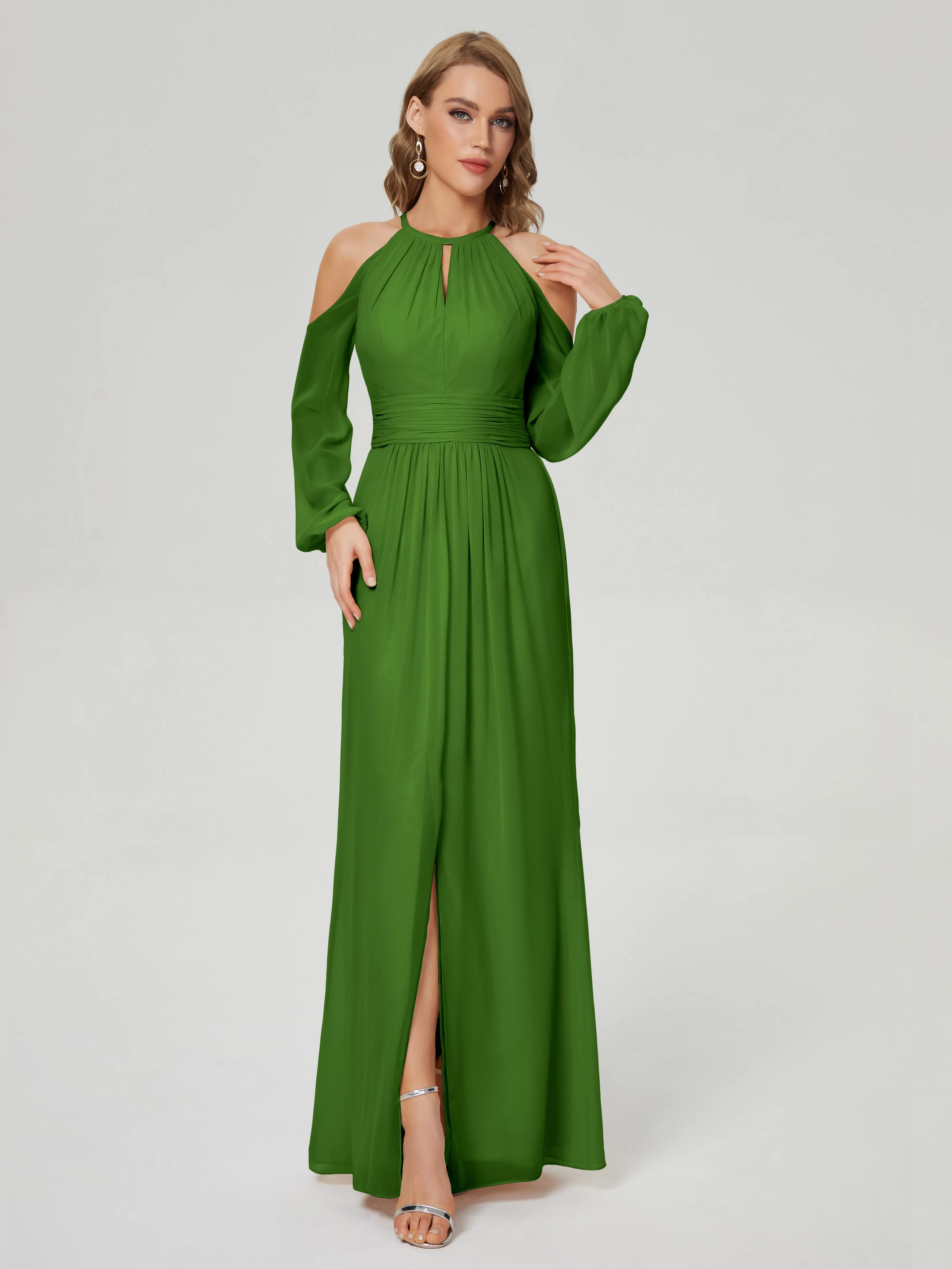 Phoebe Halter Long Sleeves Chiffon Bridesmaid Dresses