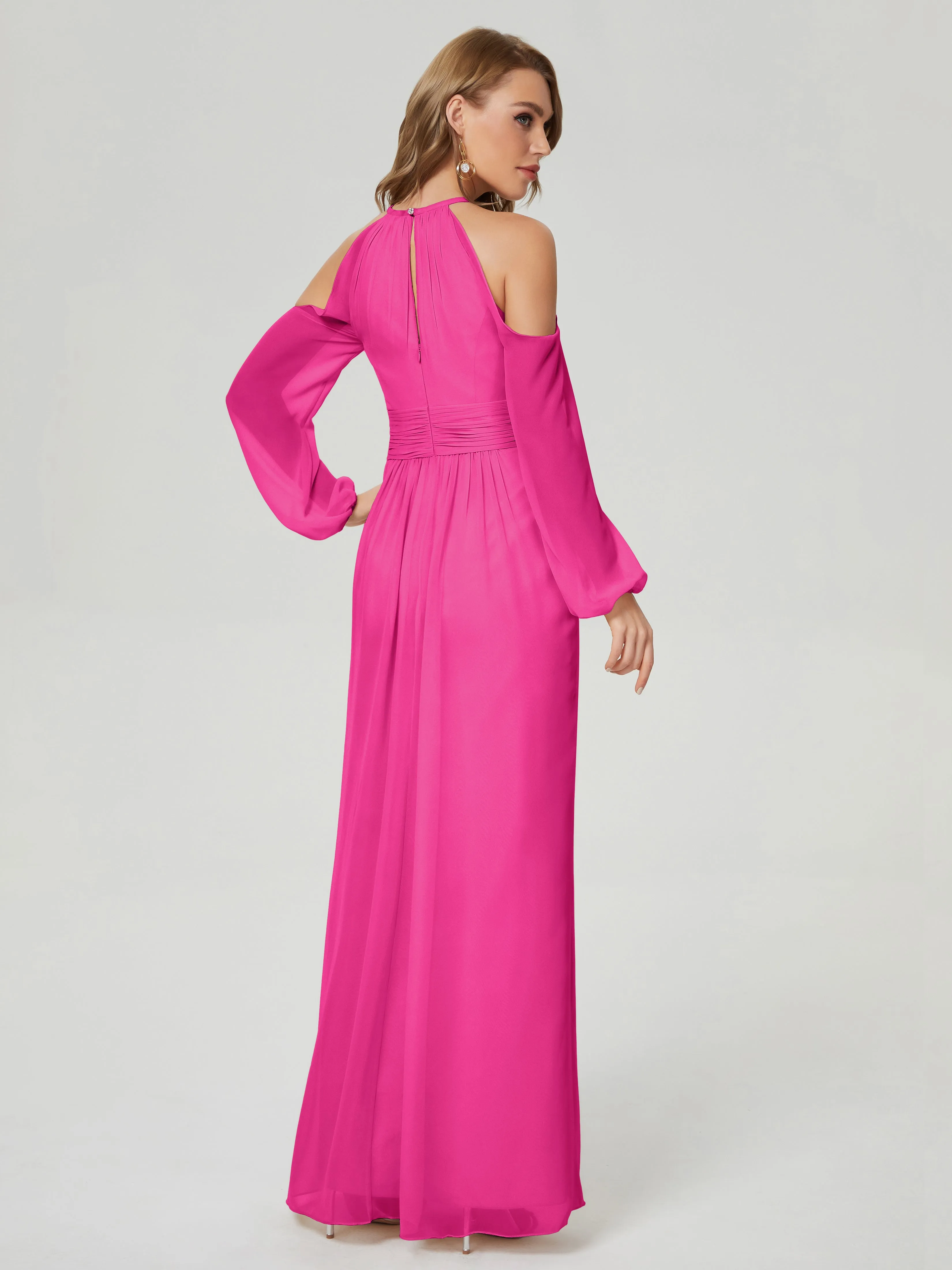 Phoebe Halter Long Sleeves Chiffon Bridesmaid Dresses