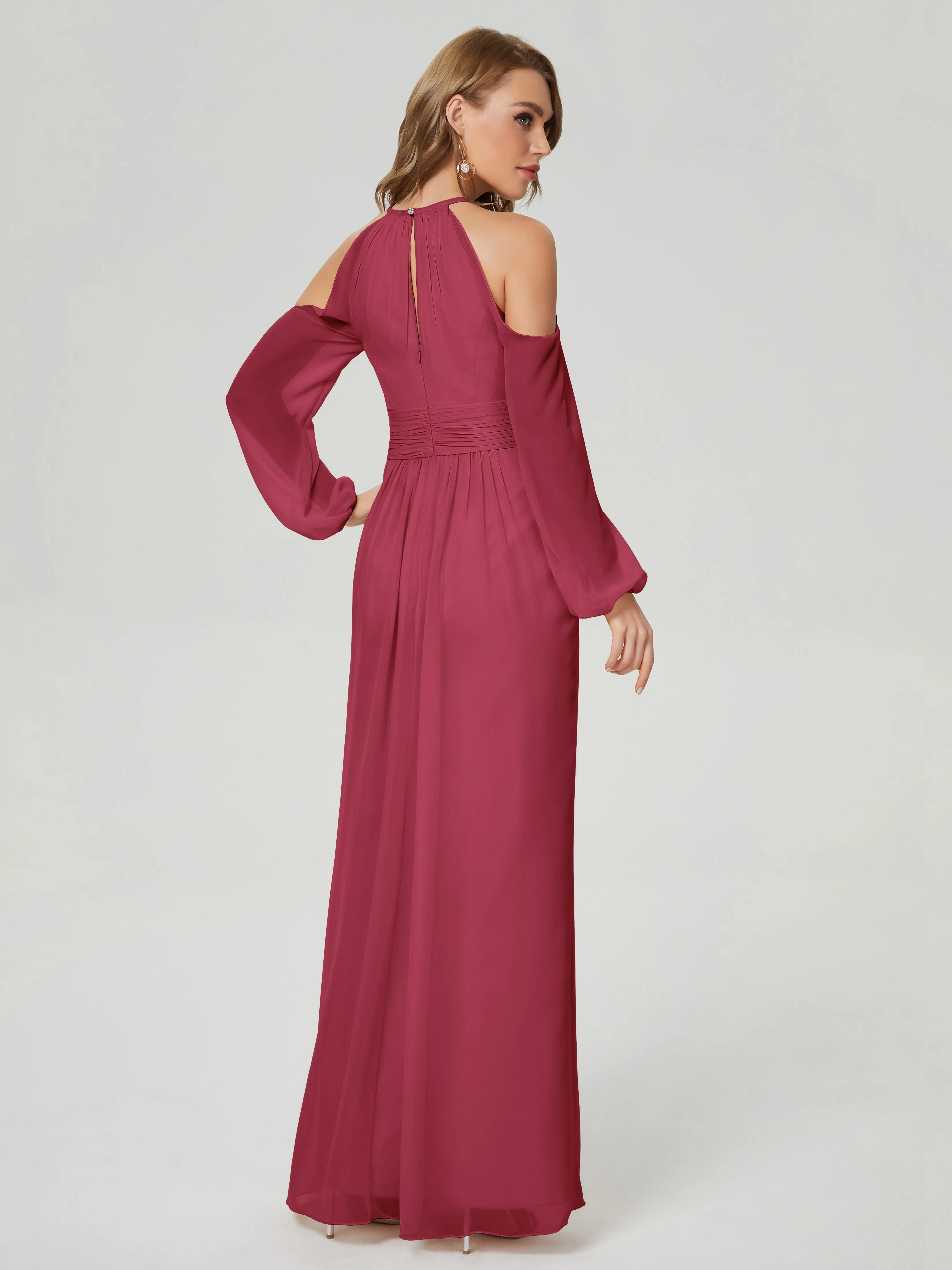 Phoebe Halter Long Sleeves Chiffon Bridesmaid Dresses