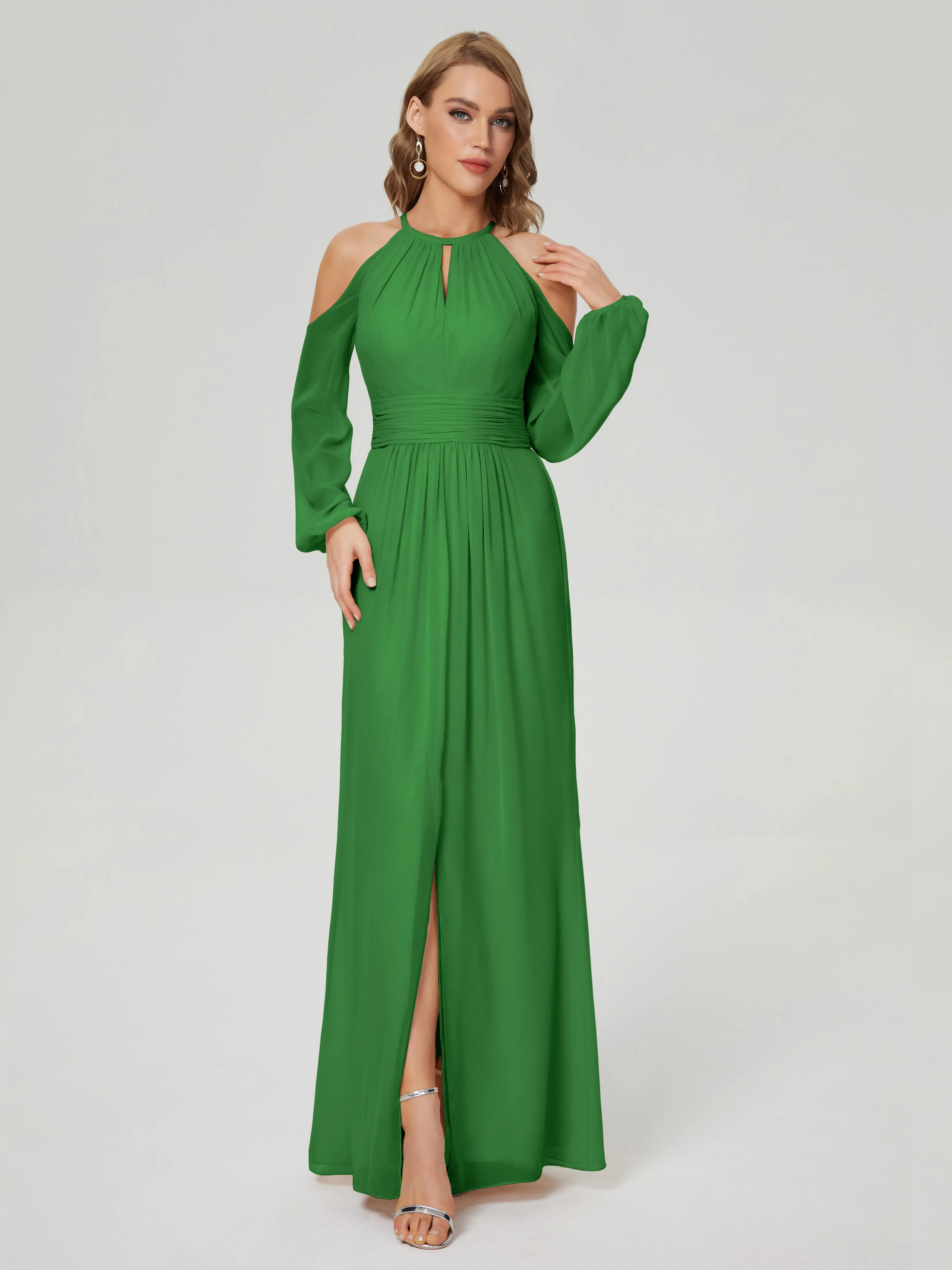 Phoebe Halter Long Sleeves Chiffon Bridesmaid Dresses