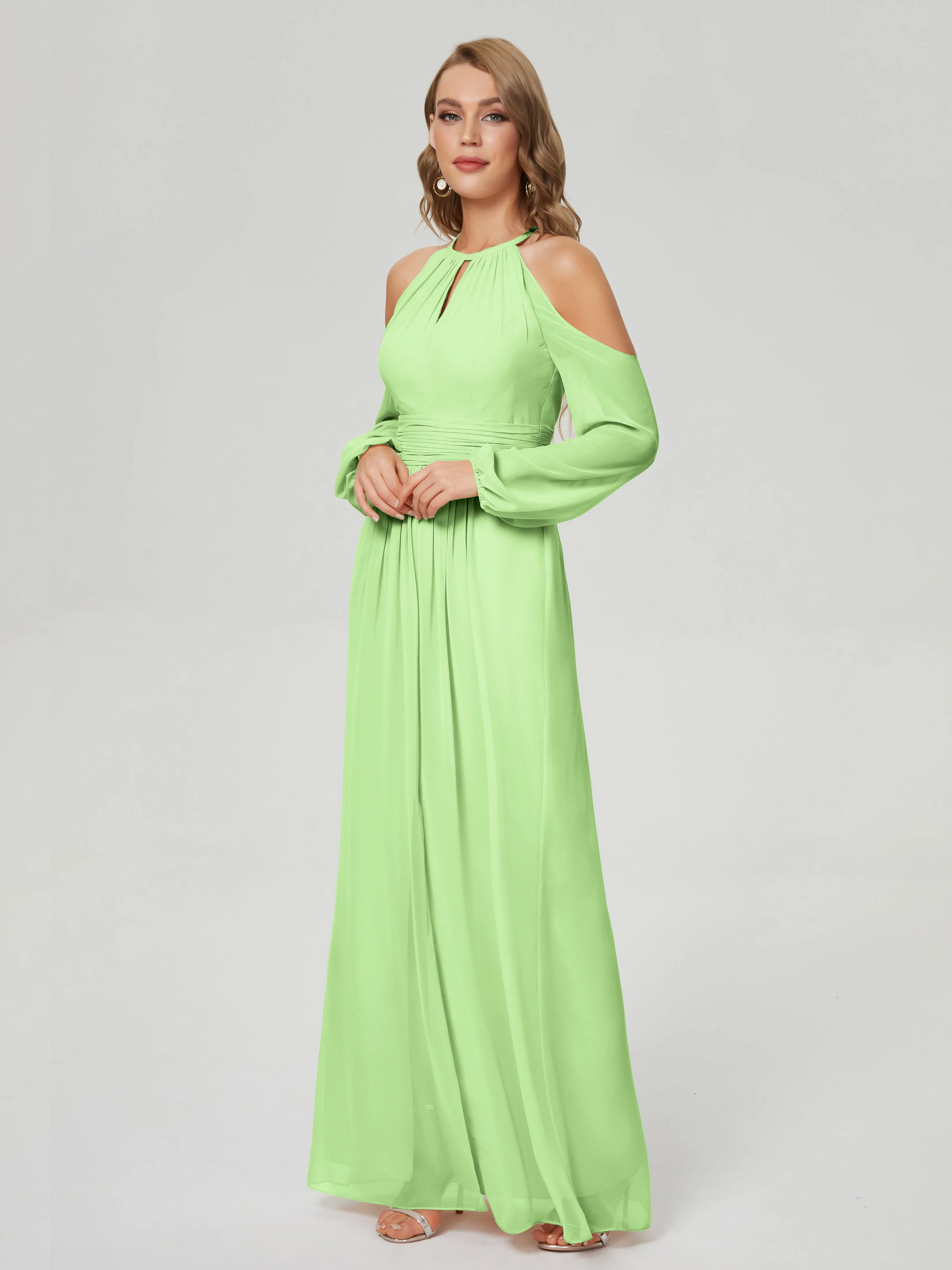 Phoebe Halter Long Sleeves Chiffon Bridesmaid Dresses