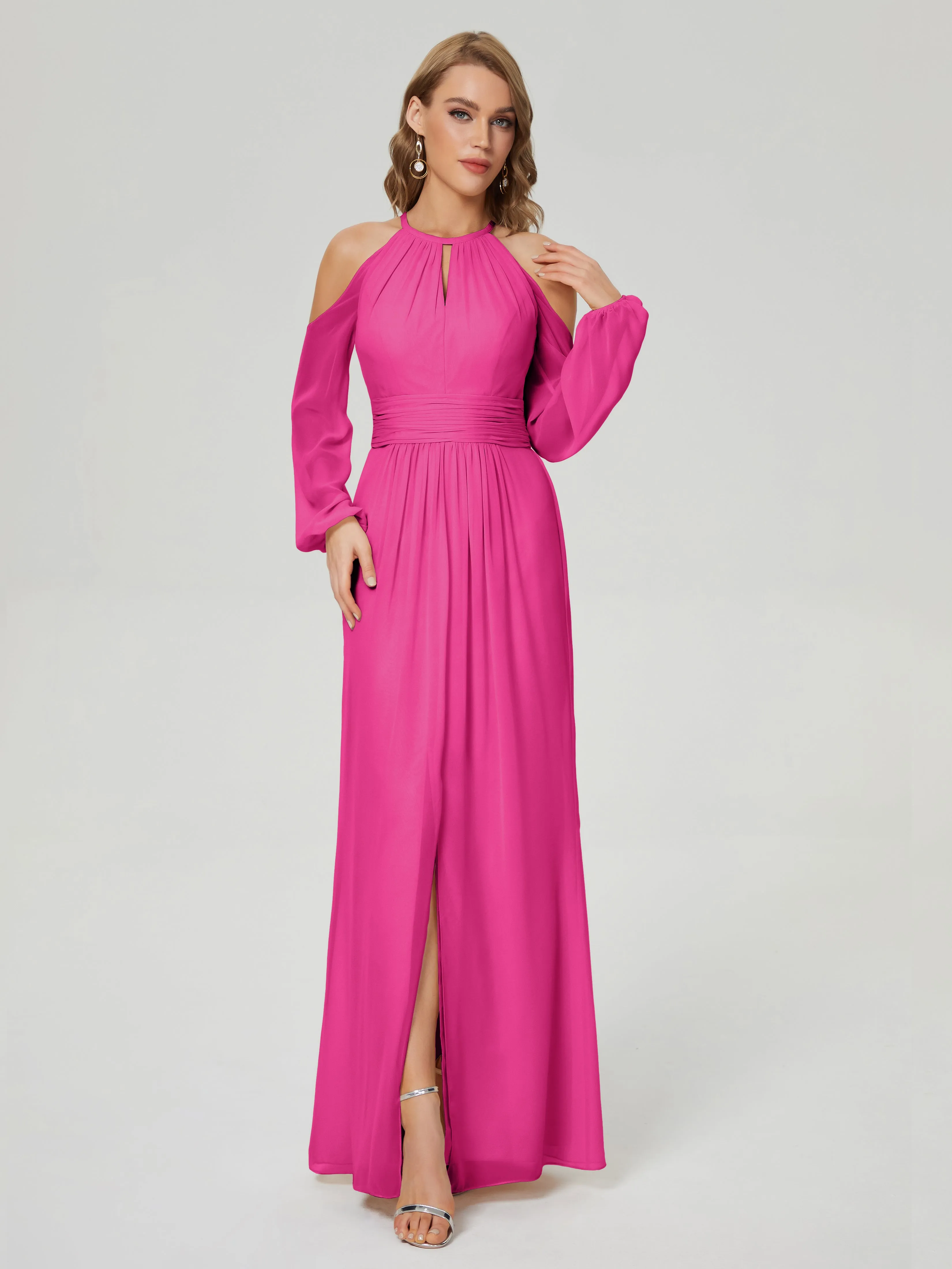 Phoebe Halter Long Sleeves Chiffon Bridesmaid Dresses