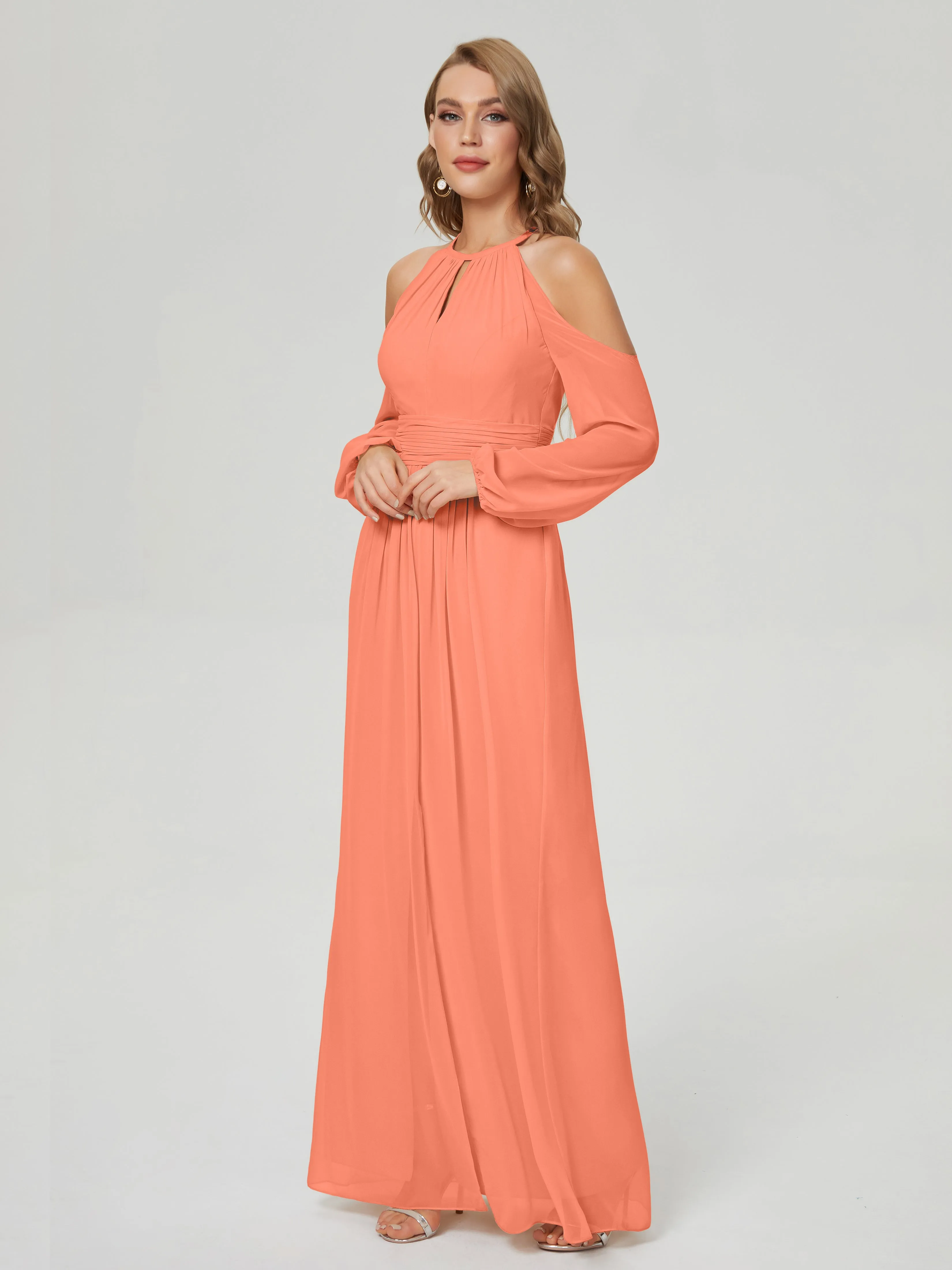 Phoebe Halter Long Sleeves Chiffon Bridesmaid Dresses